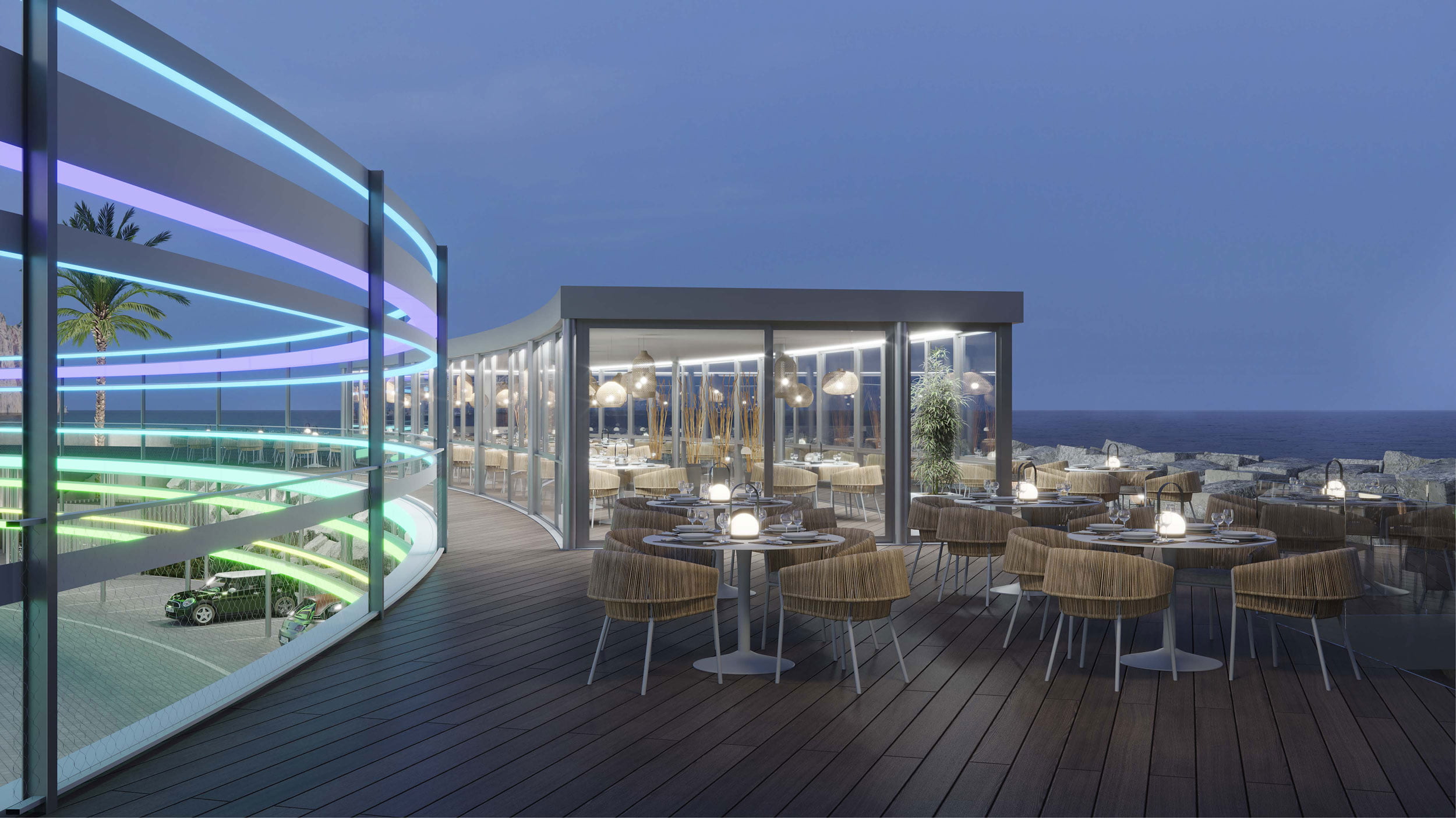 Infografía de la terraza del restaurante con luz led espiral y mesas frente al mar