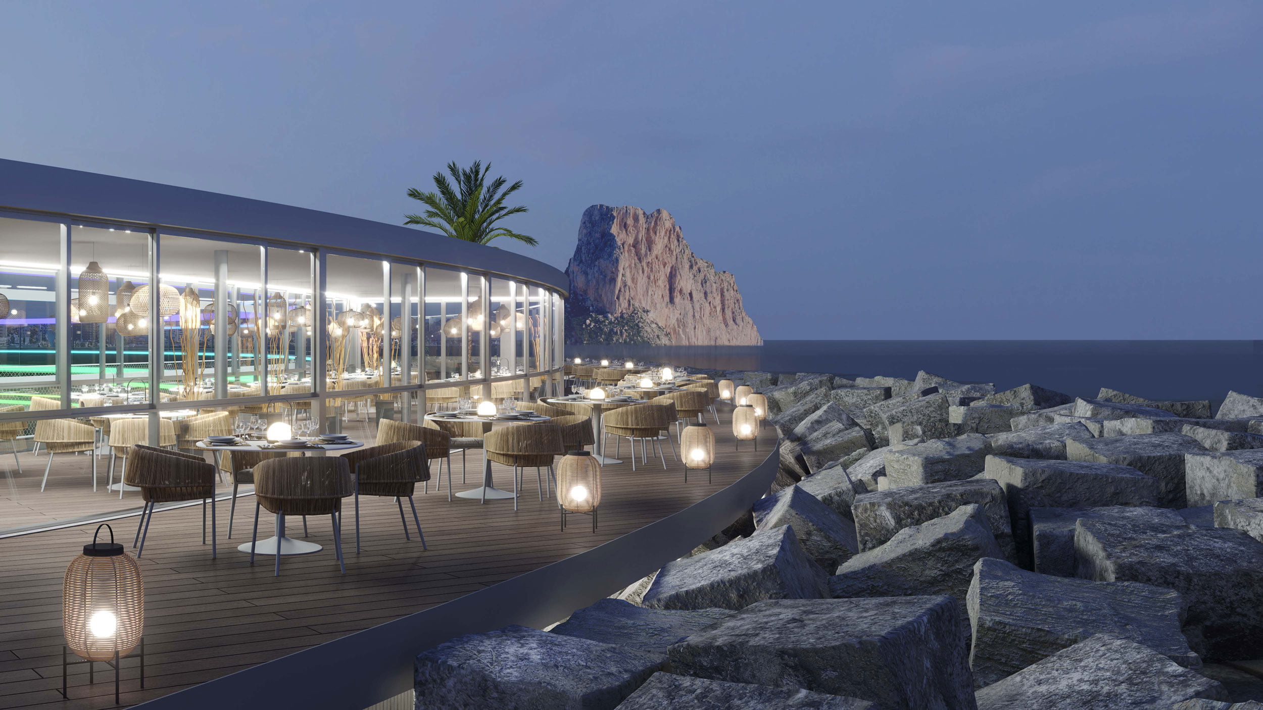 Render nocturno del restaurante acristalado sobre la escollera con el Peñón de Ifach al fondo