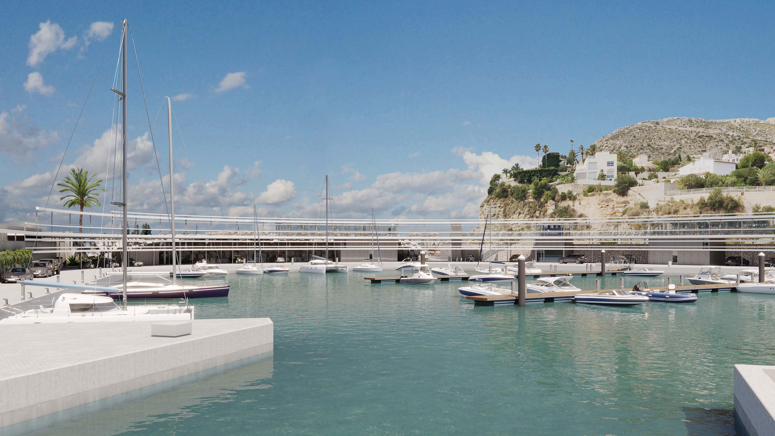 Render diurno de la dársena de Marina Calpe con veleros y lanchas amarradas y montañas al fondo