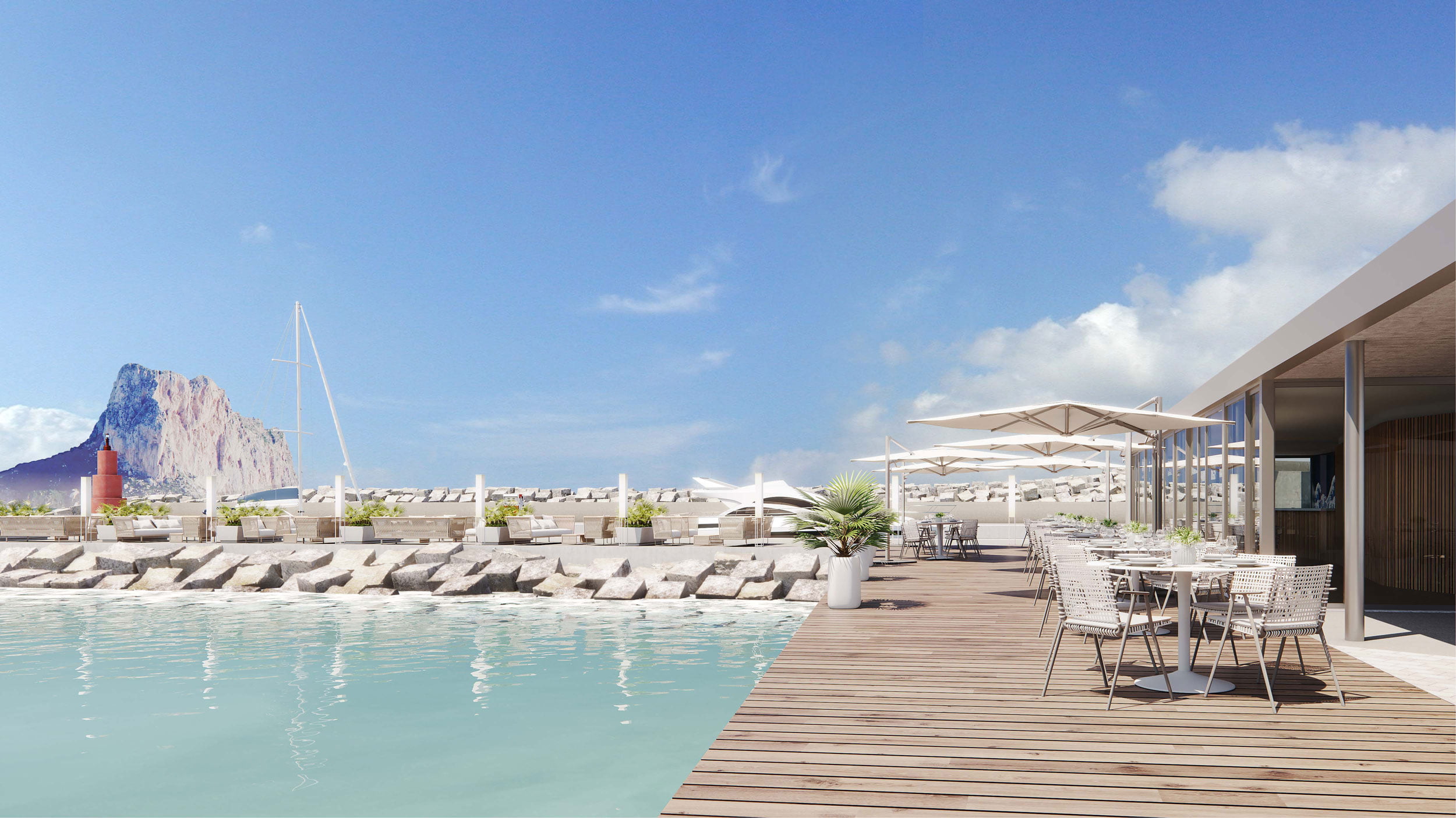 Infografía de la terraza chill-out junto al agua con sombrillas y vistas al Peñón de Ifach
