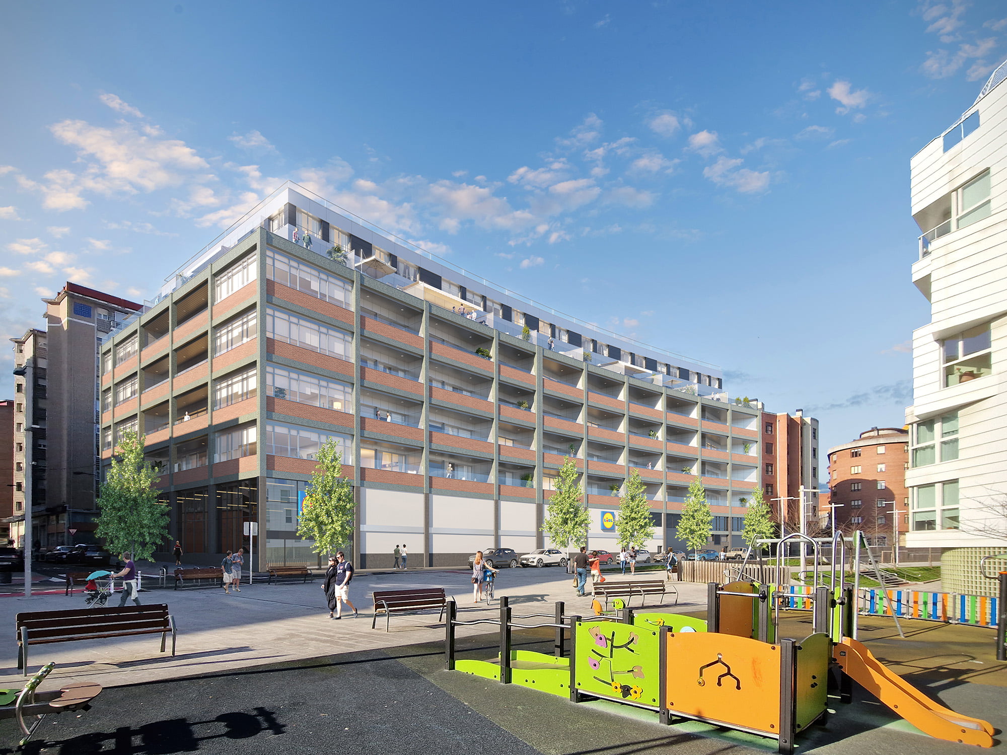 Render del edificio residencial Moncada en Bilbao con supermercado en planta baja y plaza con juegos infantiles