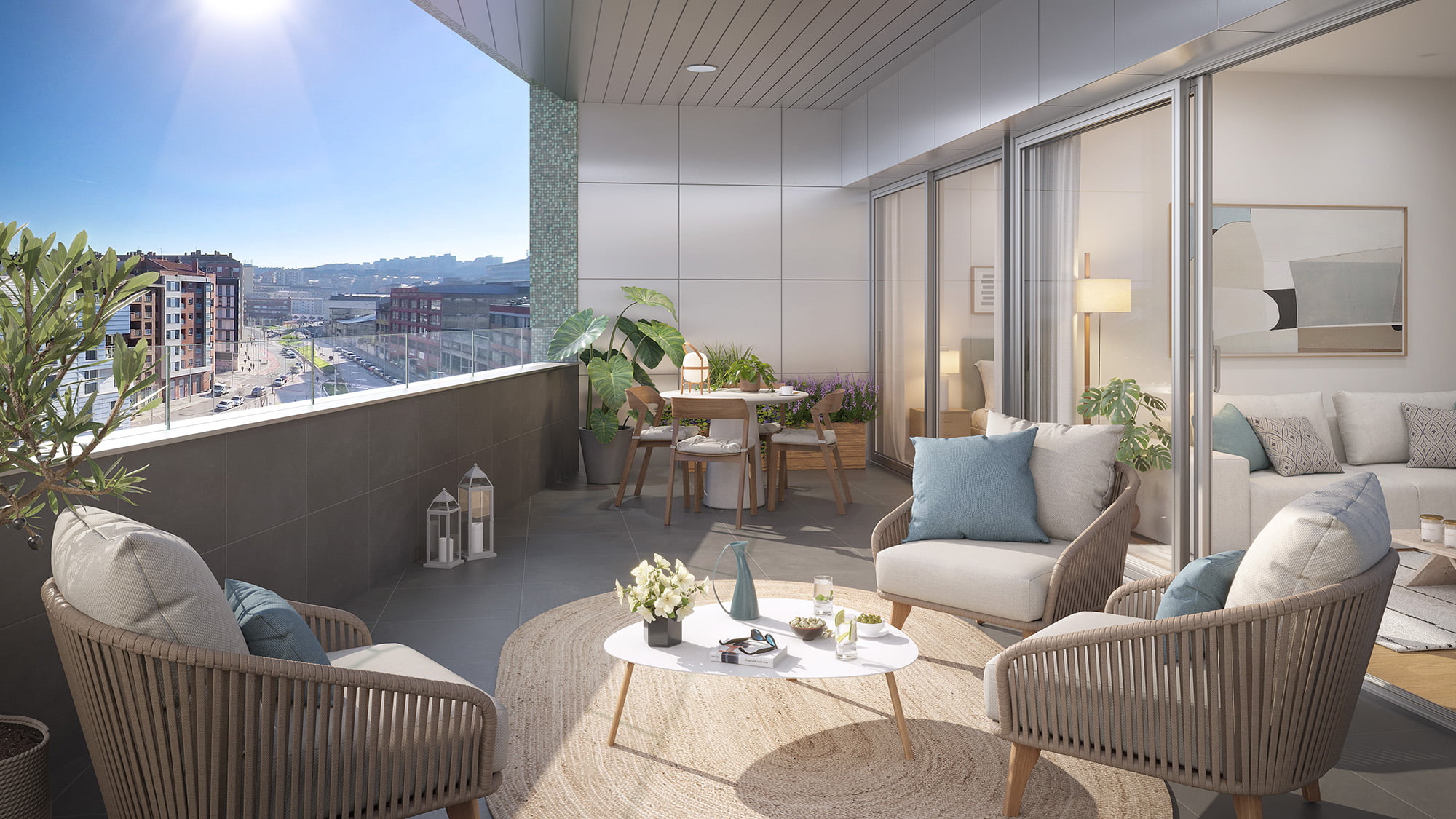 Render de la terraza acristalada de una vivienda con butacas de cuerda y vistas a la ciudad