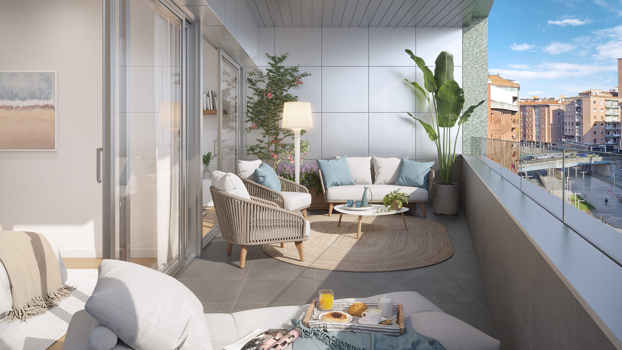 Infografía de la terraza chill-out con sofá, plantas y vistas a los tejados de Bilbao