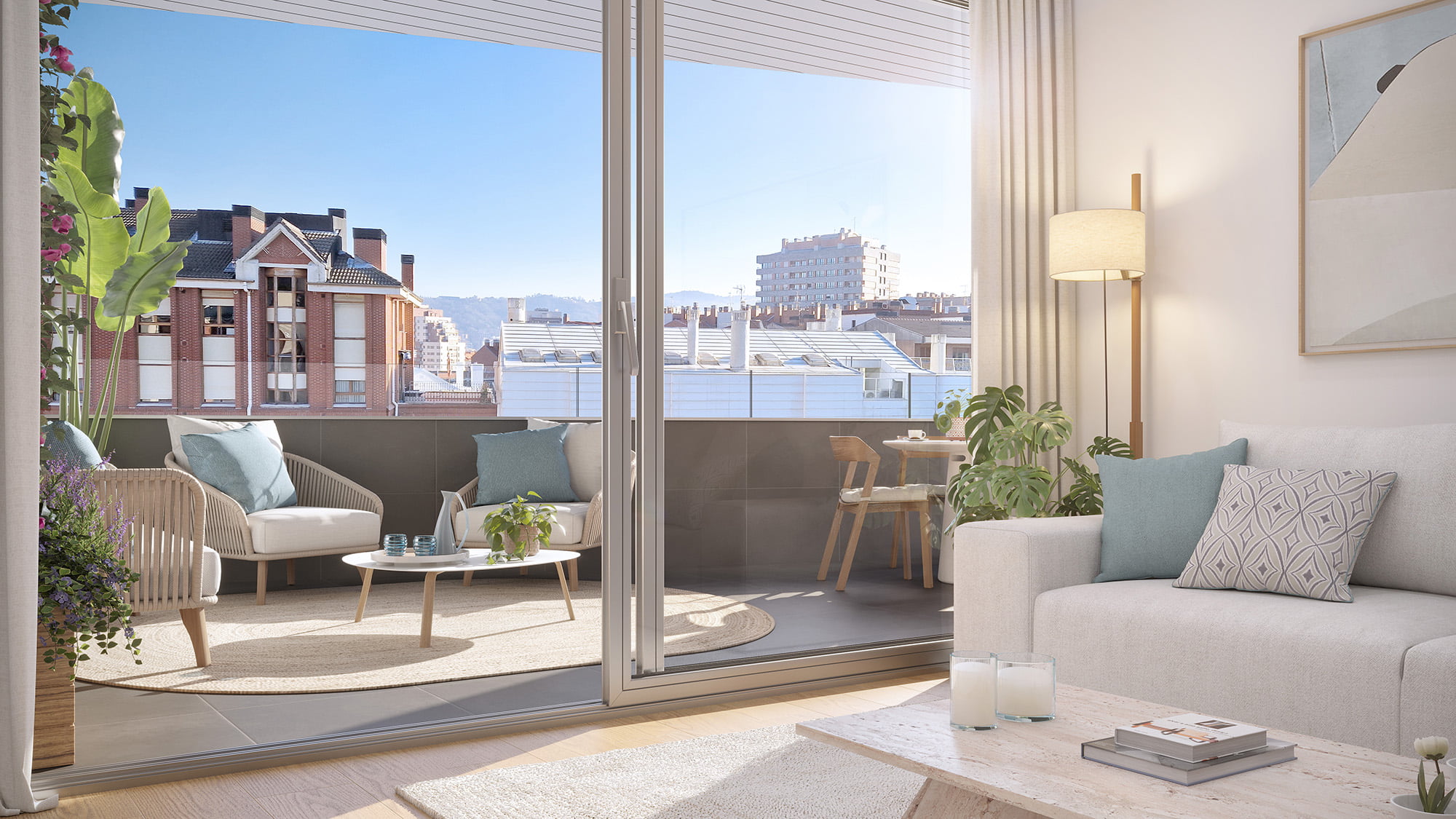 Render del salón con salida a terraza acristalada y butacas de exterior con vistas urbanas