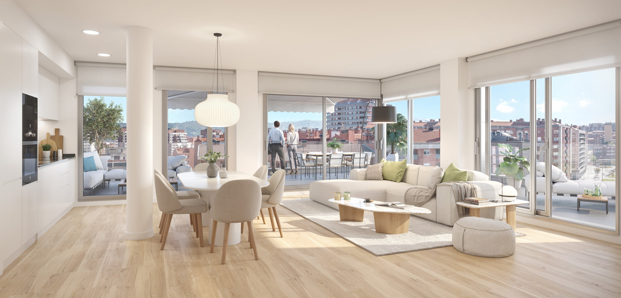 Infografía del salón comedor luminoso con cocina abierta, terraza corrida y vistas a Bilbao