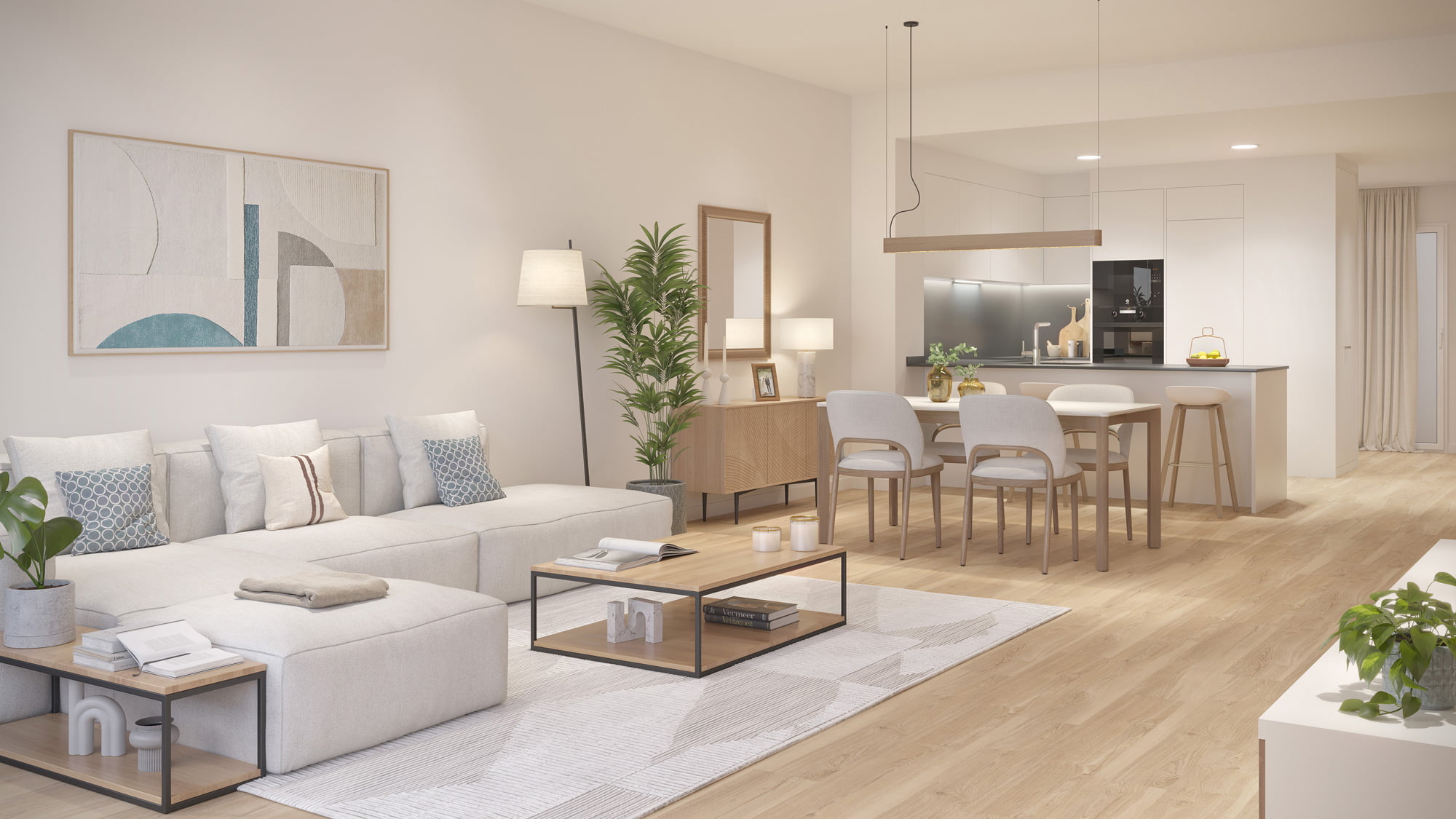 Infografía del salón comedor con sofá en L, comedor de madera y cocina abierta al fondo