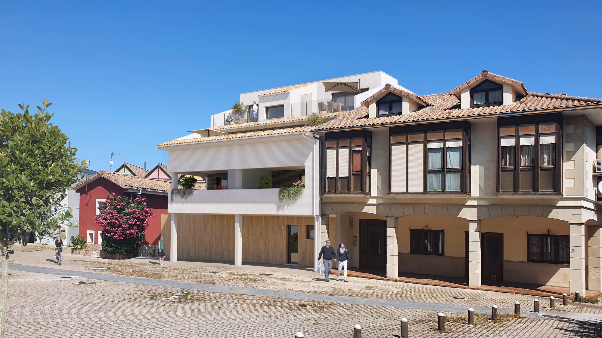 Render del edificio de viviendas Pueblo Viejo en Barañain sobre base de madera junto a casas tradicionales de la plaza