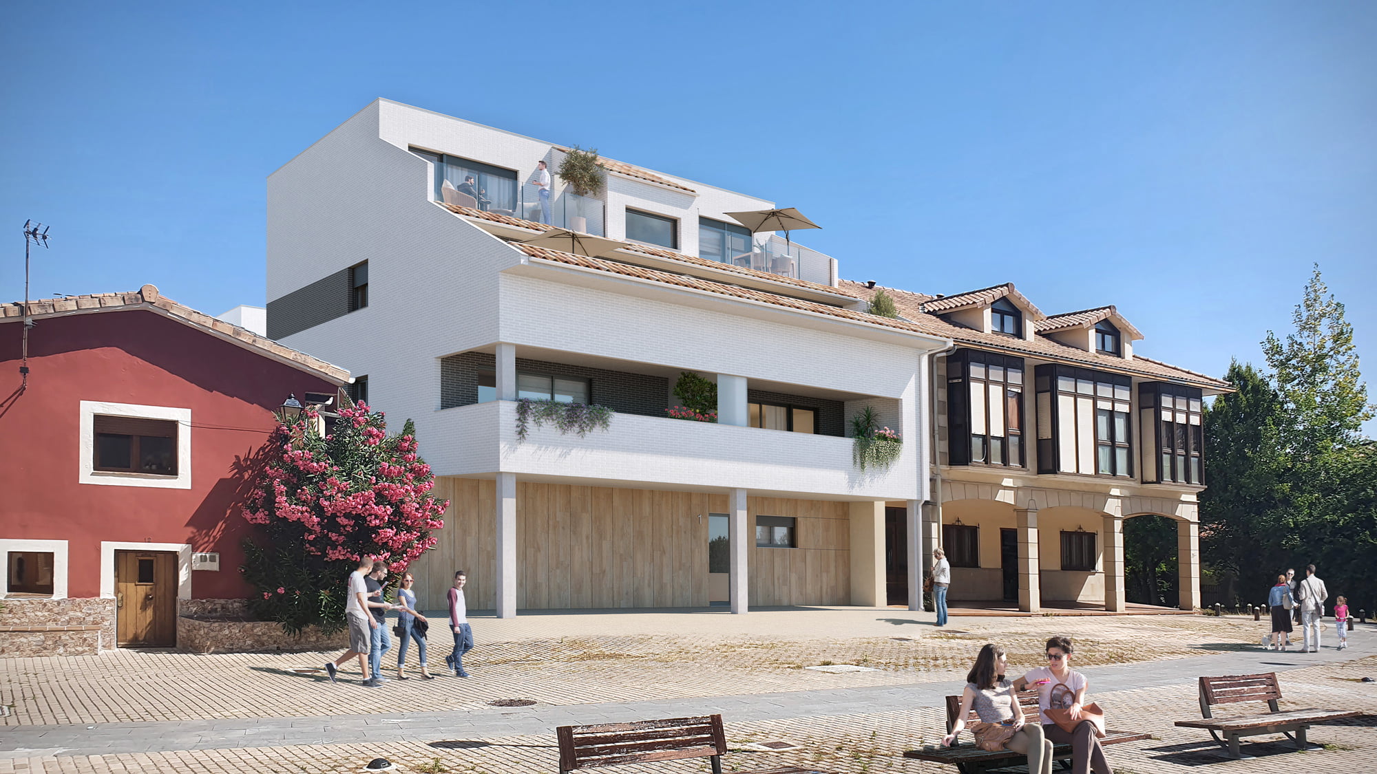 Infografía del edificio blanco de Pueblo Viejo con áticos y terrazas integrado en el casco antiguo de Barañain
