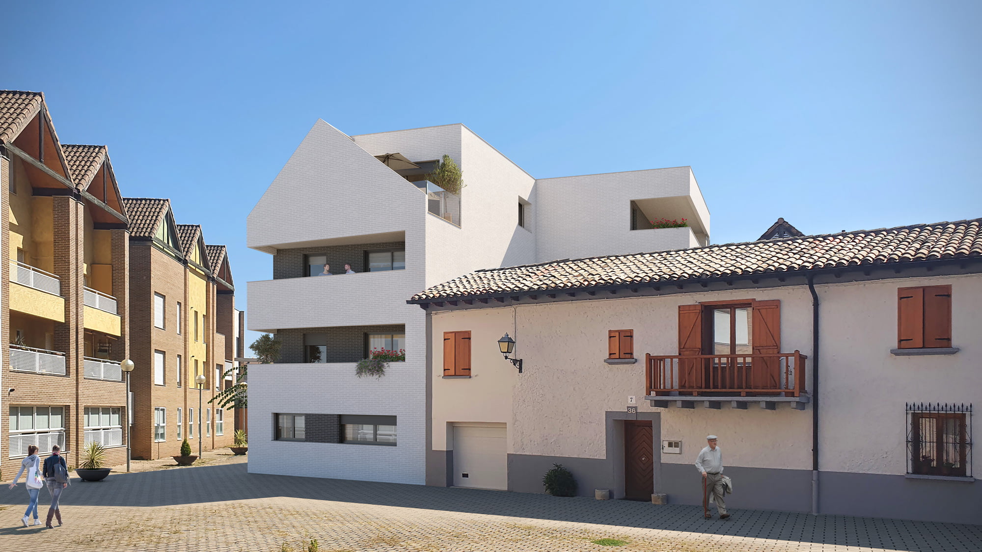 Render del edificio Pueblo Viejo entre casas tradicionales y bloques de ladrillo con vecinos paseando por la calle