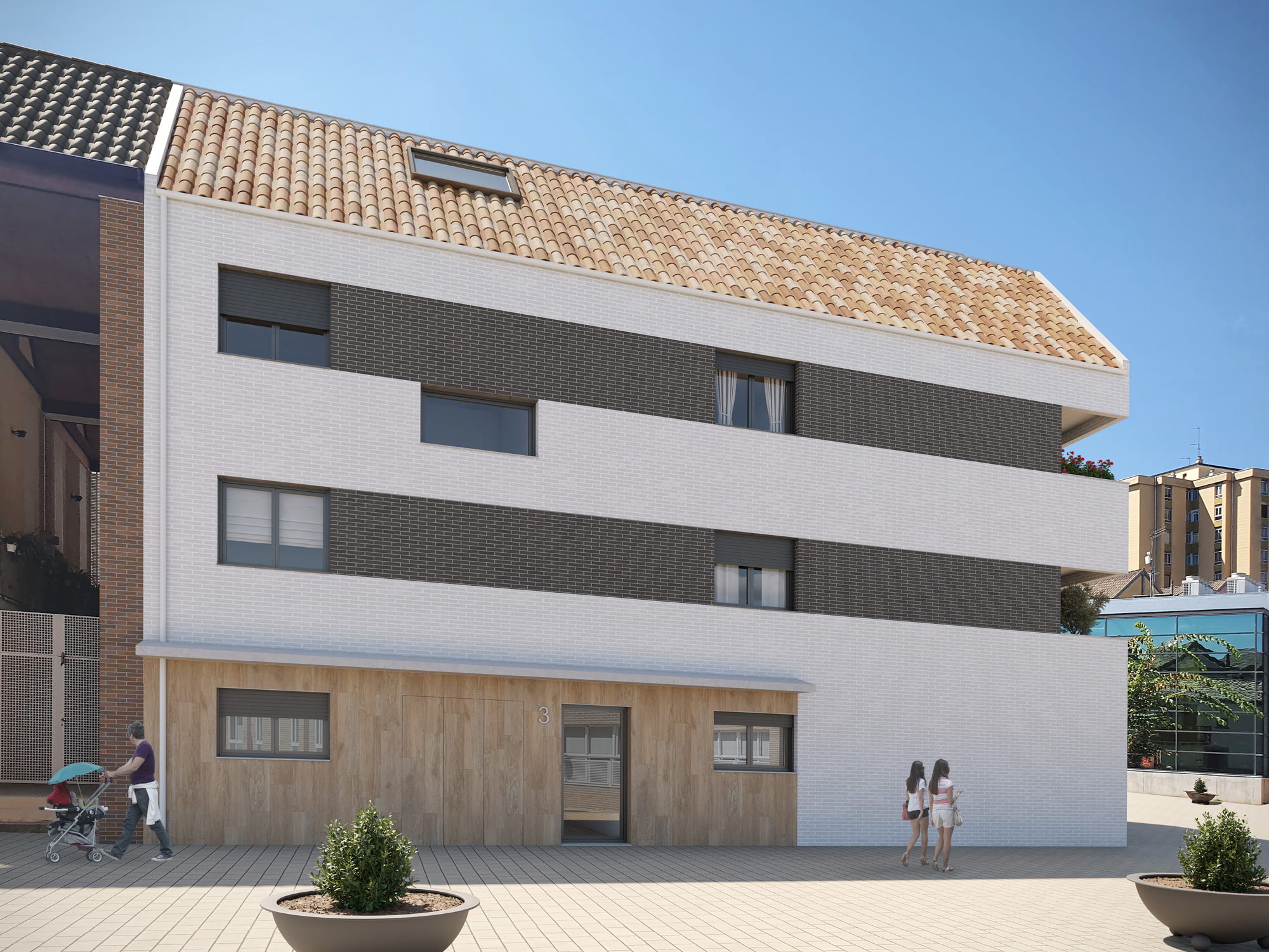 Render de la fachada de Pueblo Viejo con ladrillo blanco y gris, zócalo de madera y portal a la plaza peatonal