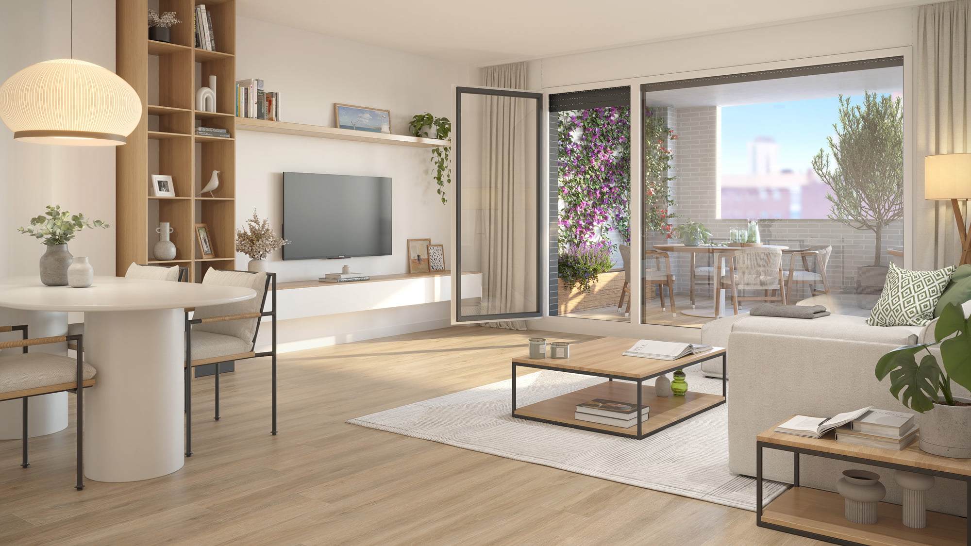 Render del salón comedor con suelo de madera clara y salida a terraza ajardinada con flores
