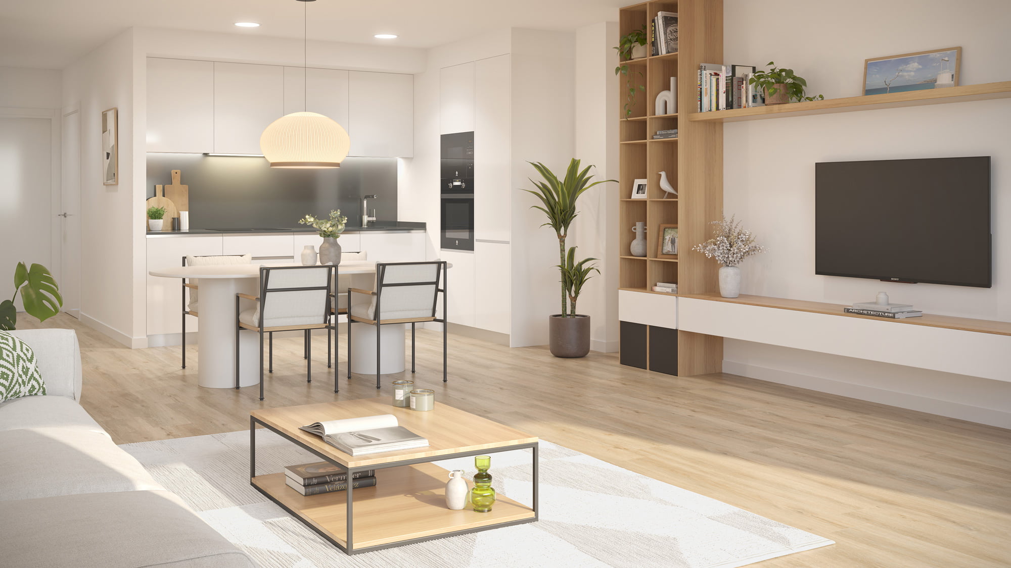 Infografía del salón con cocina abierta, comedor central y mueble de televisión en madera y blanco
