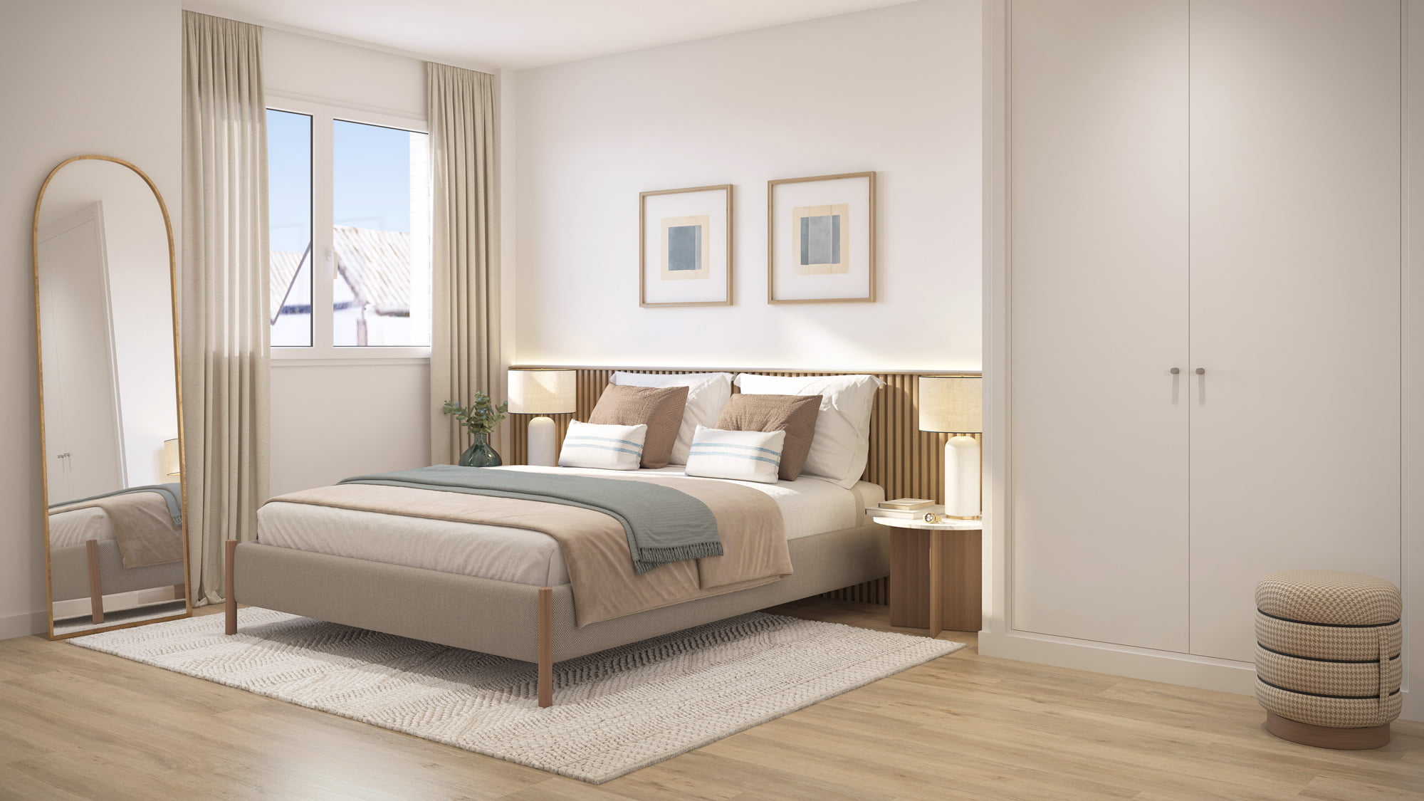 Render del dormitorio principal con cabecero de listones de madera, espejo de pie y armario empotrado
