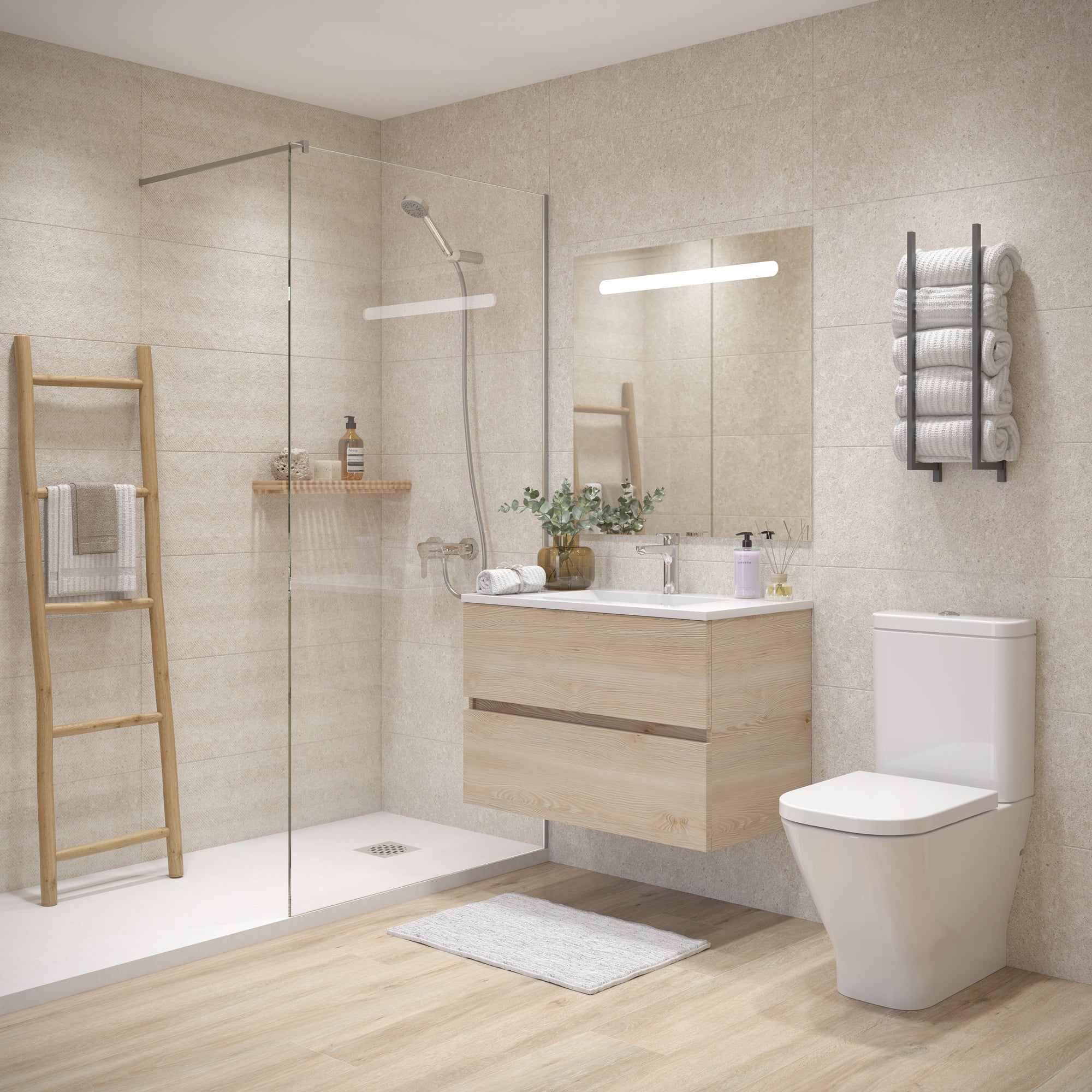 Infografía del baño en tonos beige con ducha de obra acristalada, mueble de madera e inodoro suspendido