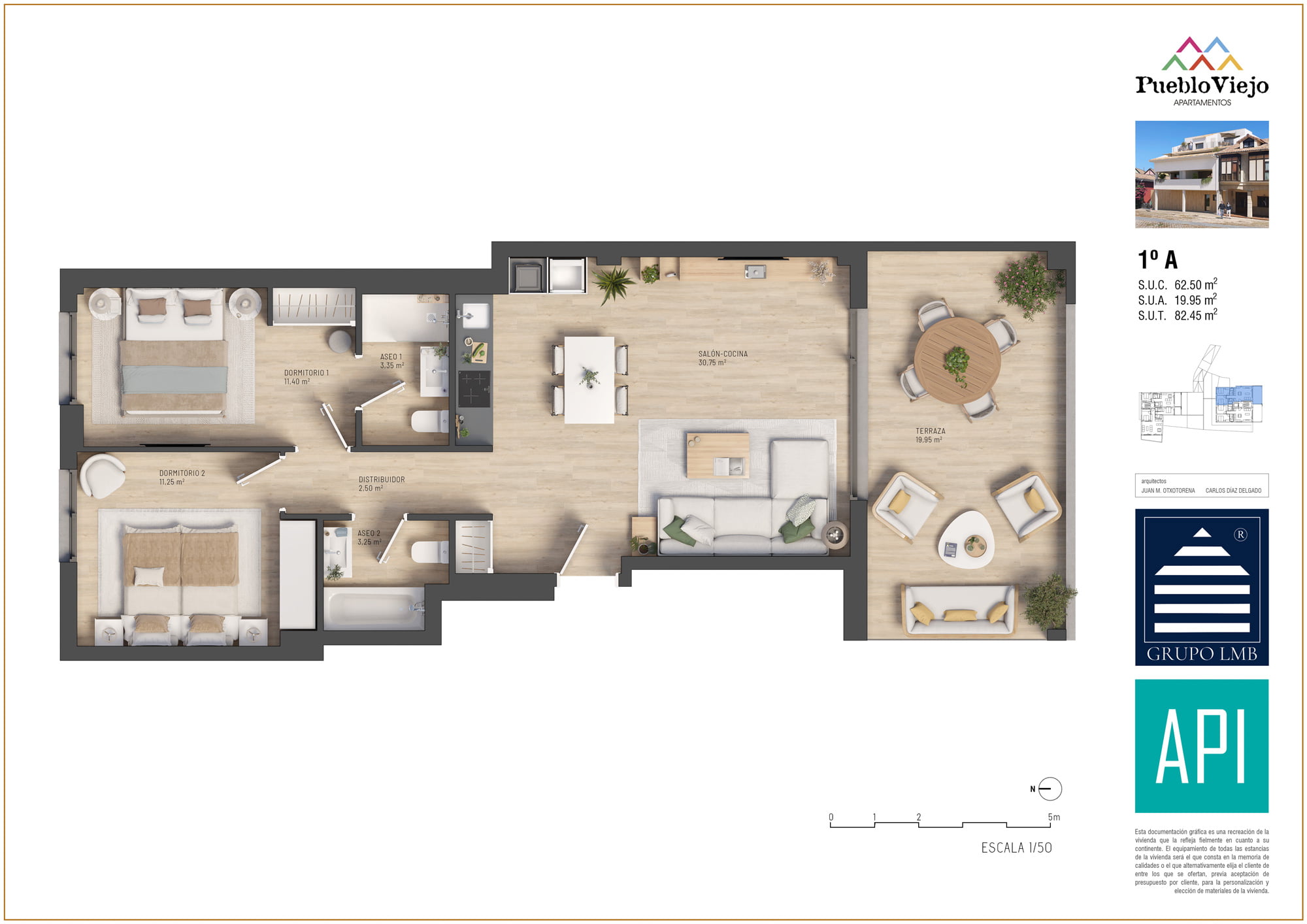 Planta 3D amueblada de la vivienda 1ºA de Pueblo Viejo con dos dormitorios, salón-cocina y terraza
