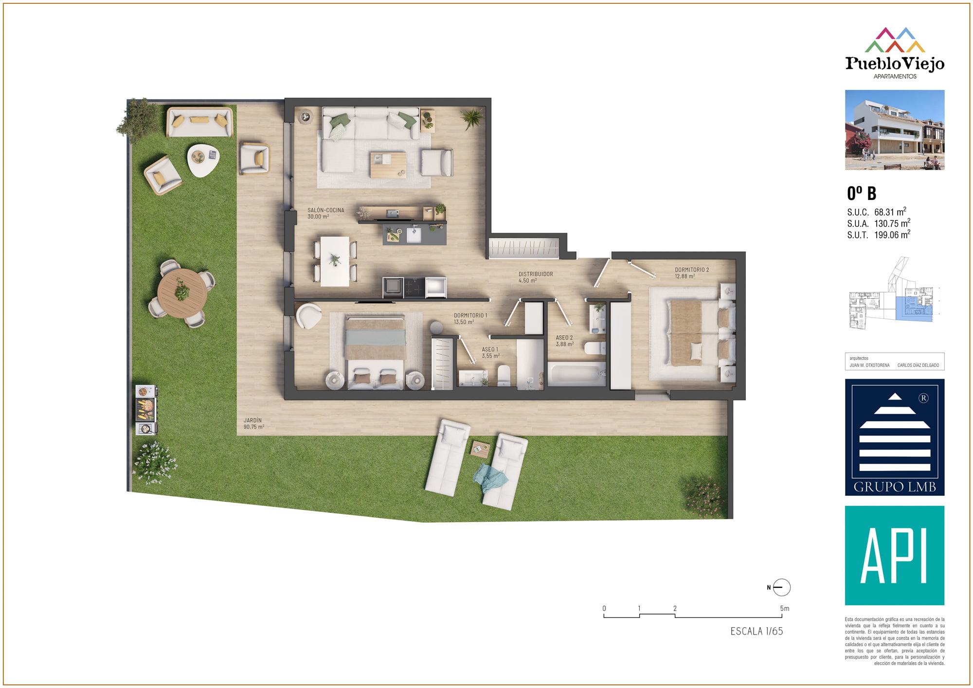 Planta 3D de la vivienda 0ºB de Pueblo Viejo con dos dormitorios, salón-cocina y amplio jardín privado