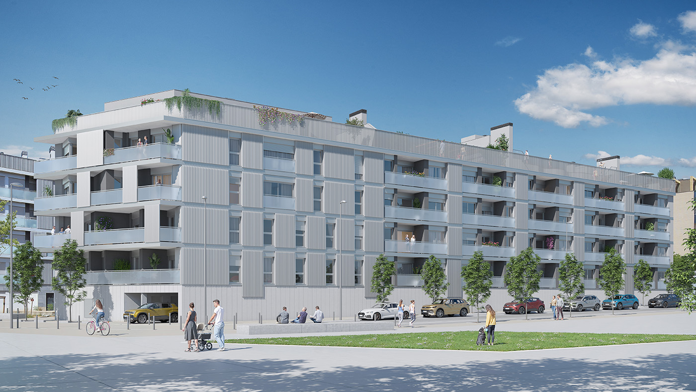 Render de la fachada del edificio Jardines del Canal en Valdefierro con balcones, celosías metálicas y plaza peatonal