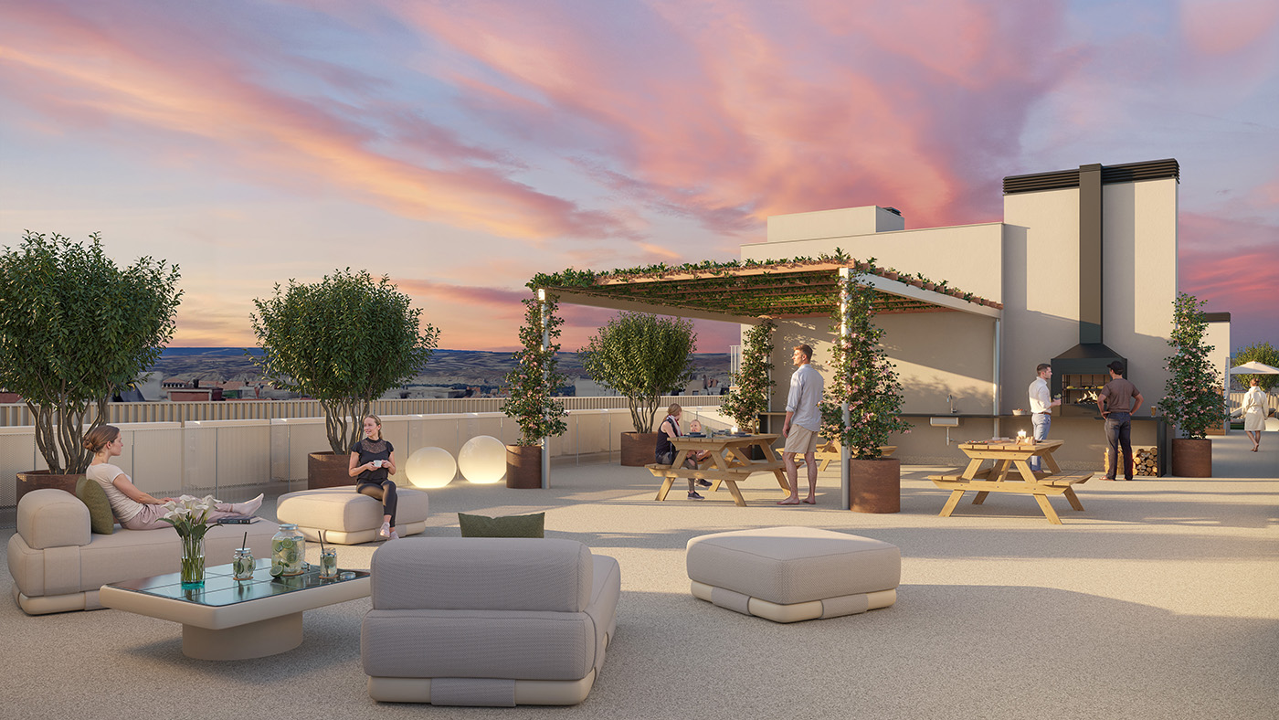 Render de la azotea comunitaria al atardecer con pérgola, mesas de pícnic, barbacoa y zona chill-out