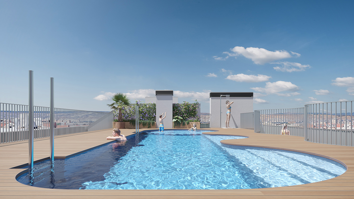 Render de la piscina de la azotea con tarima de madera y vistas panorámicas de Zaragoza