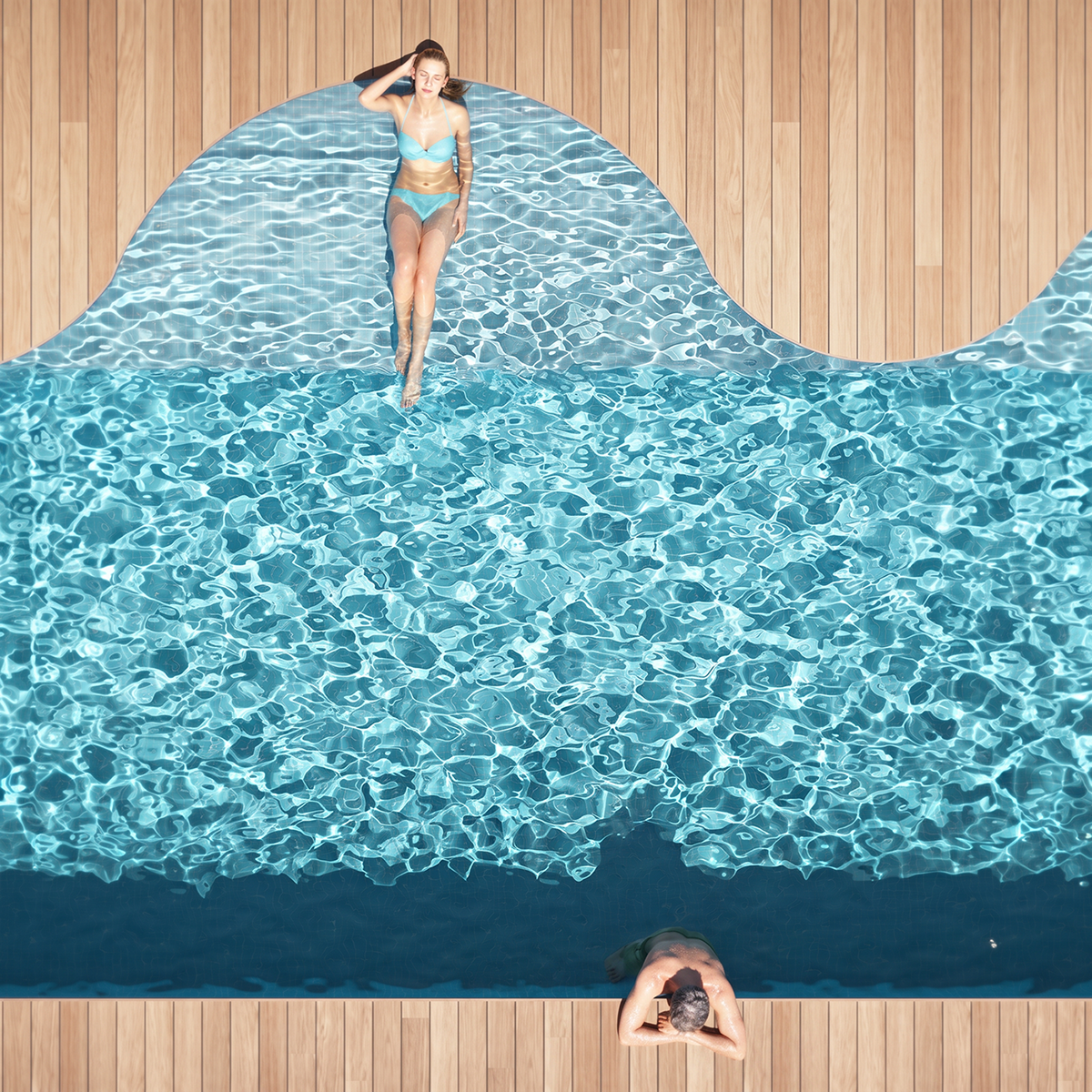 Infografía cenital de la piscina ondulada de la azotea con tarima de madera y bañistas