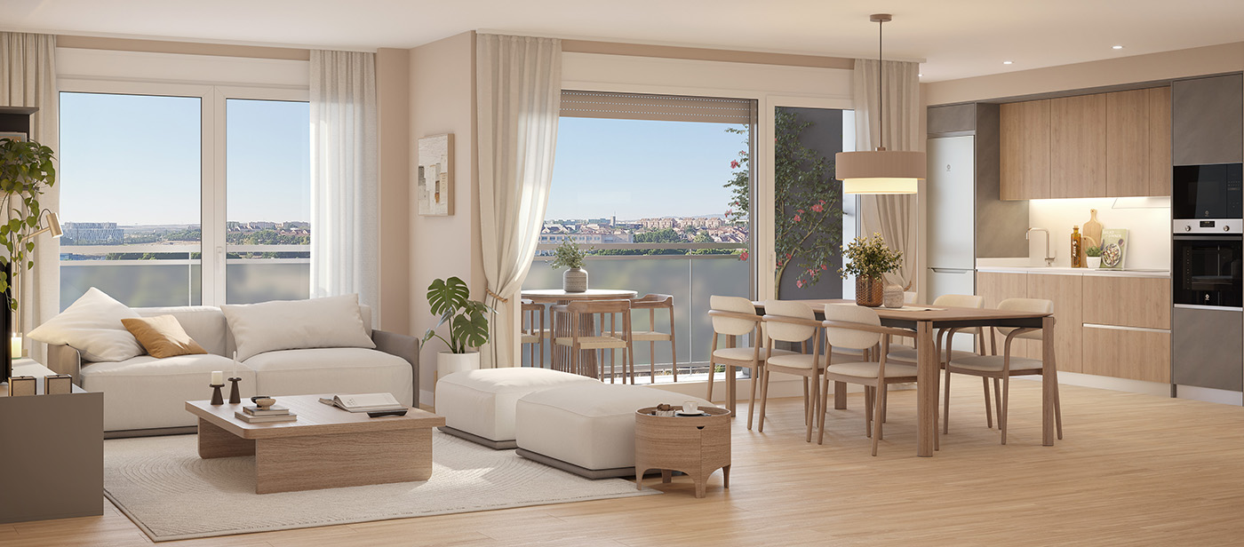 Render del salón comedor con cocina en madera integrada y ventanales con vistas a Zaragoza
