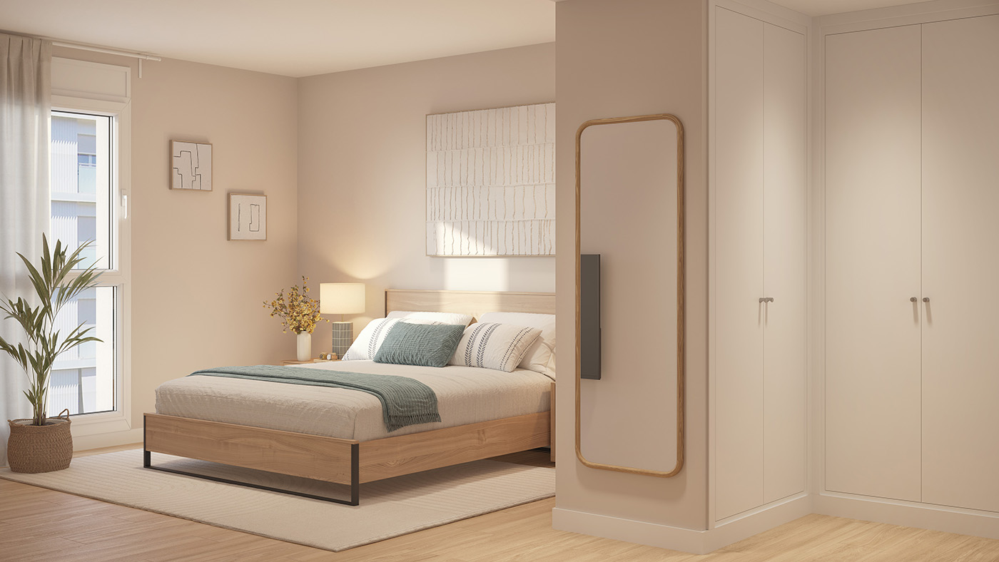 Infografía del dormitorio principal con cabecero de madera, espejo de pie y armario empotrado