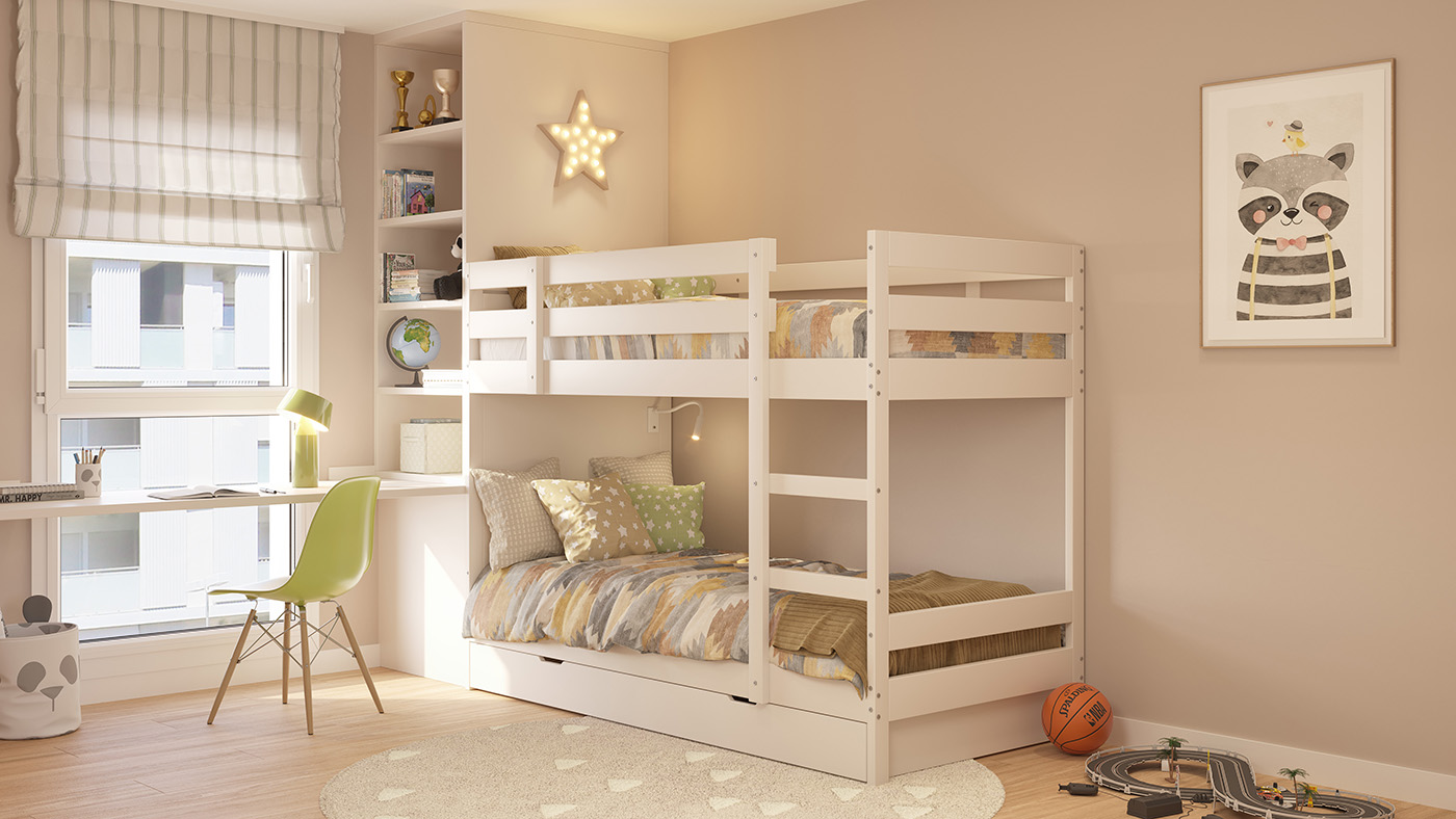 Render del dormitorio infantil con literas de madera, escritorio junto a la ventana y decoración temática