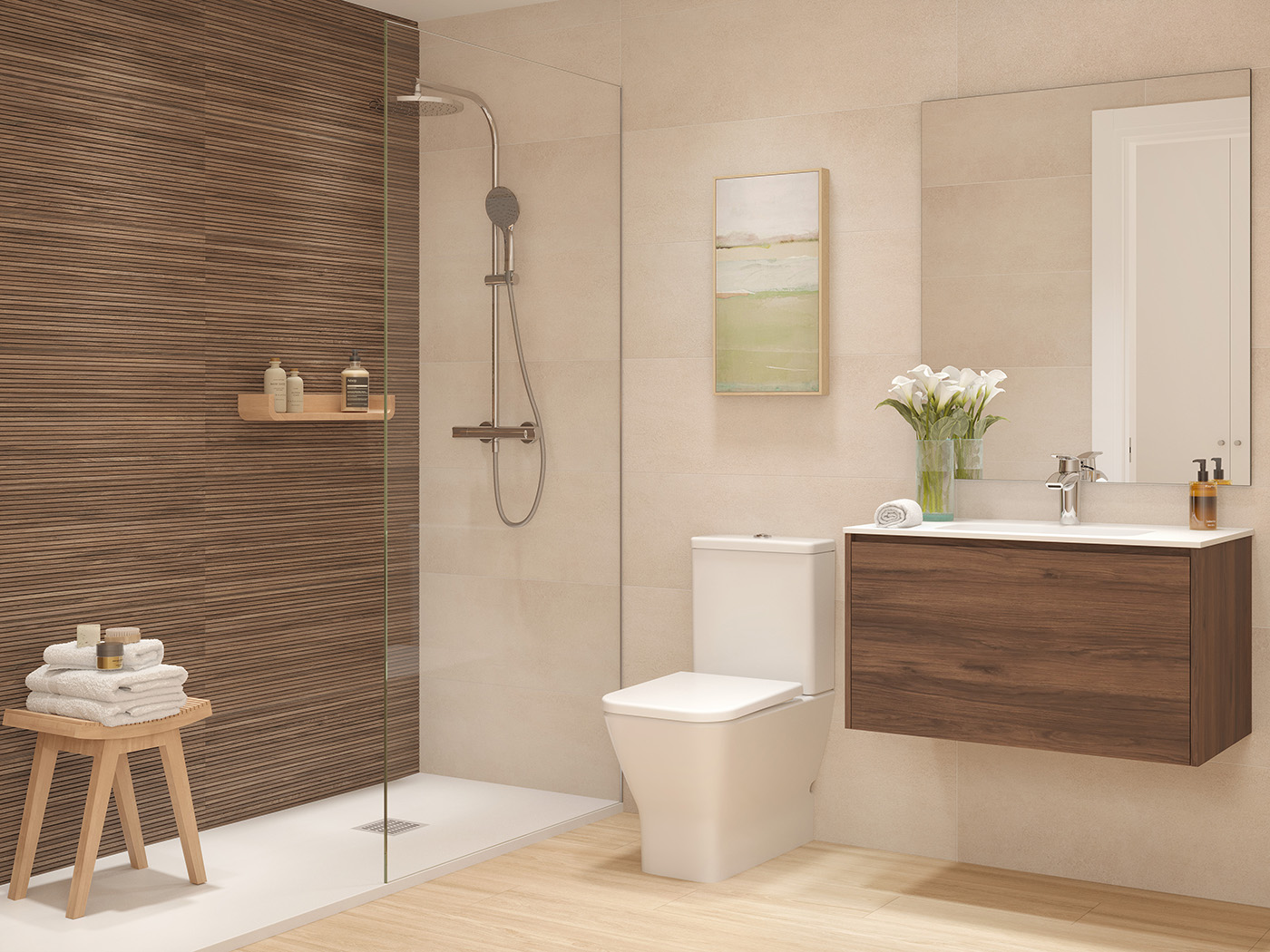 Infografía del baño con revestimiento de madera, ducha de obra, inodoro y mueble de madera de nogal