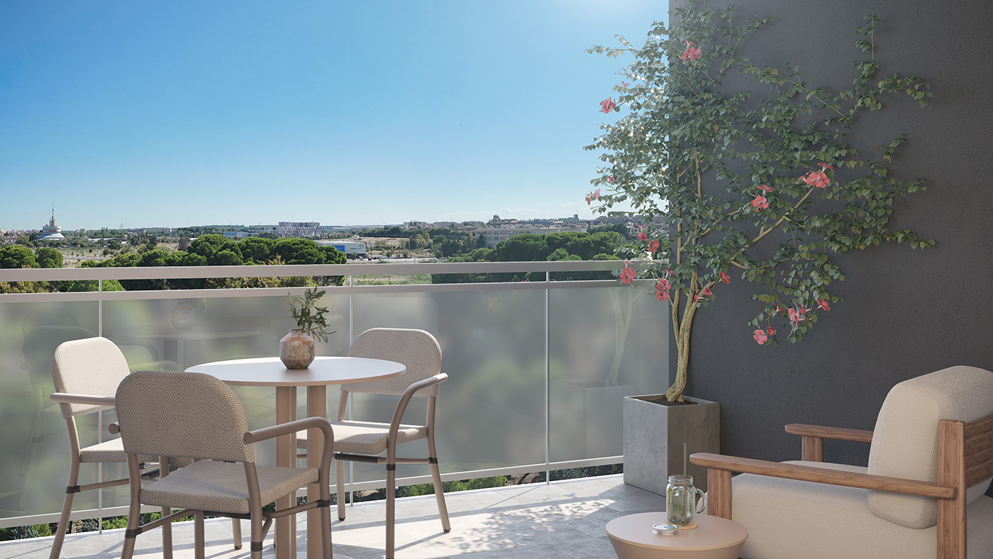 Render de la terraza de una vivienda con mesa redonda, plantas y vistas al parque y a Zaragoza
