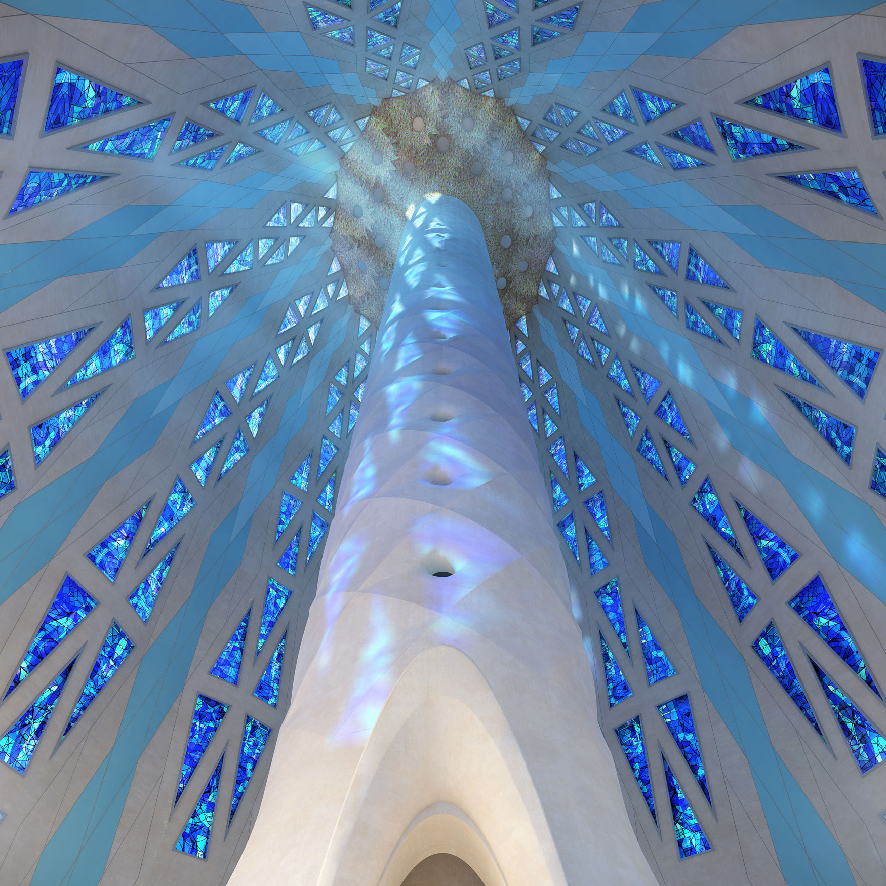 Render interior de la Torre de Jesucristo de la Sagrada Familia en contrapicado con vidrieras azules