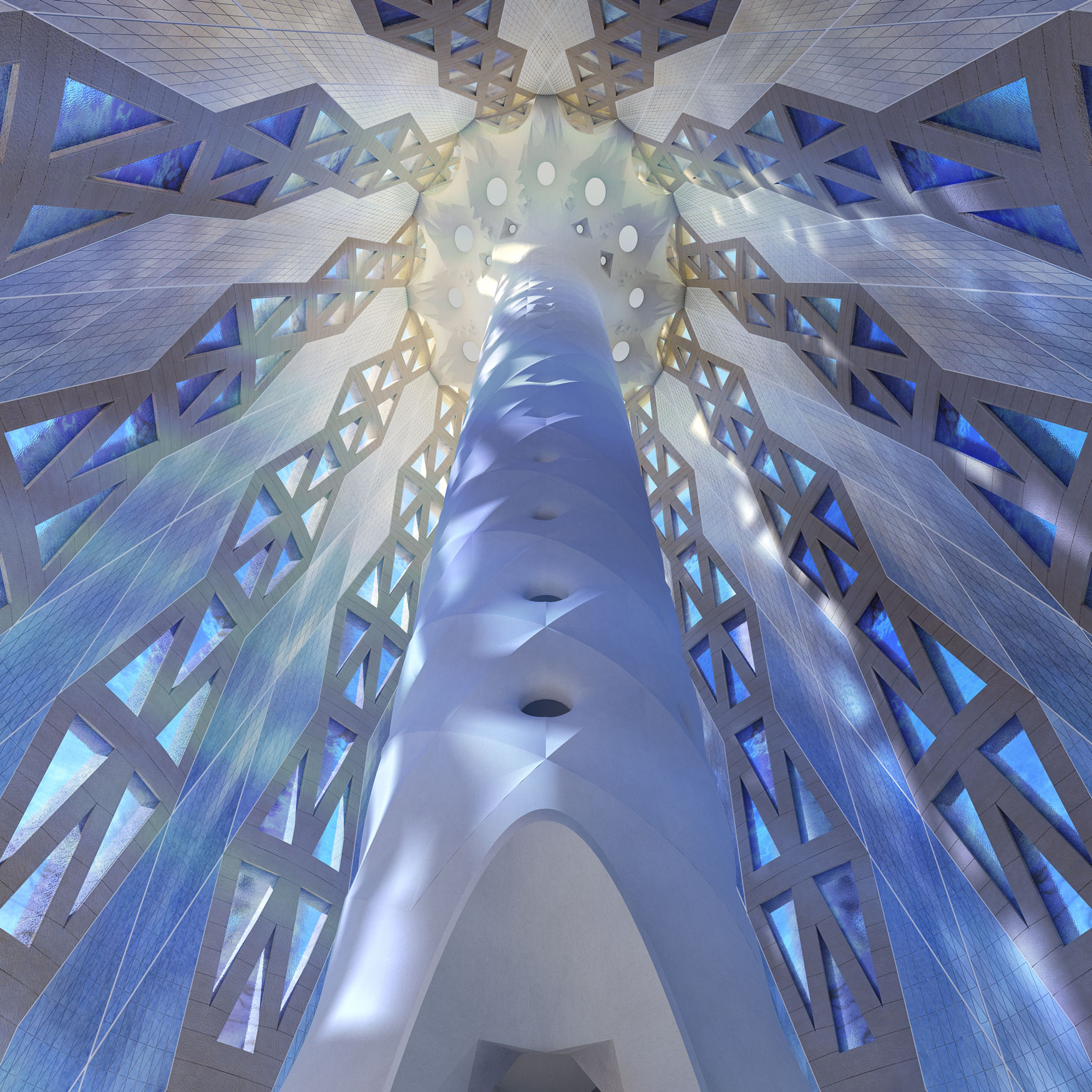 Infografía 3D del remate superior de la Torre de Jesucristo con óculos y luz dorada