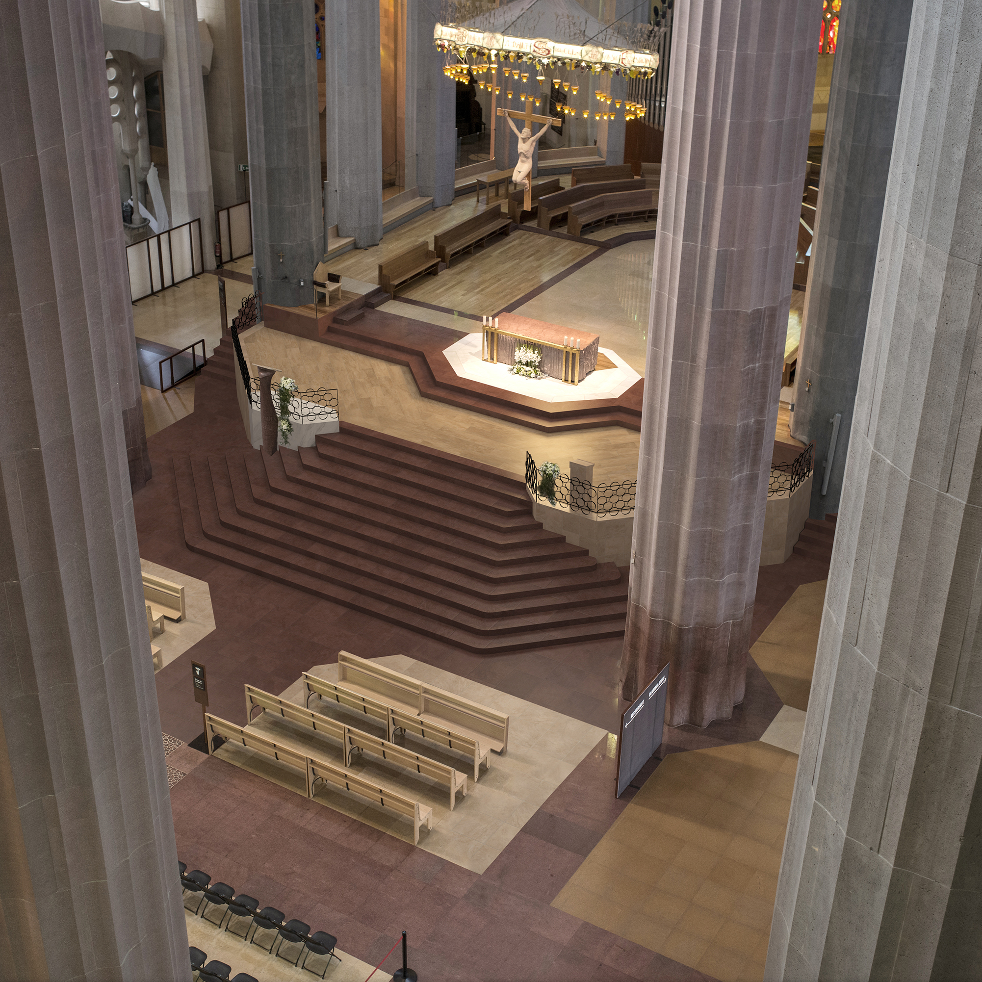 Render interior de la nave central de la Sagrada Familia con el altar y el crucifijo