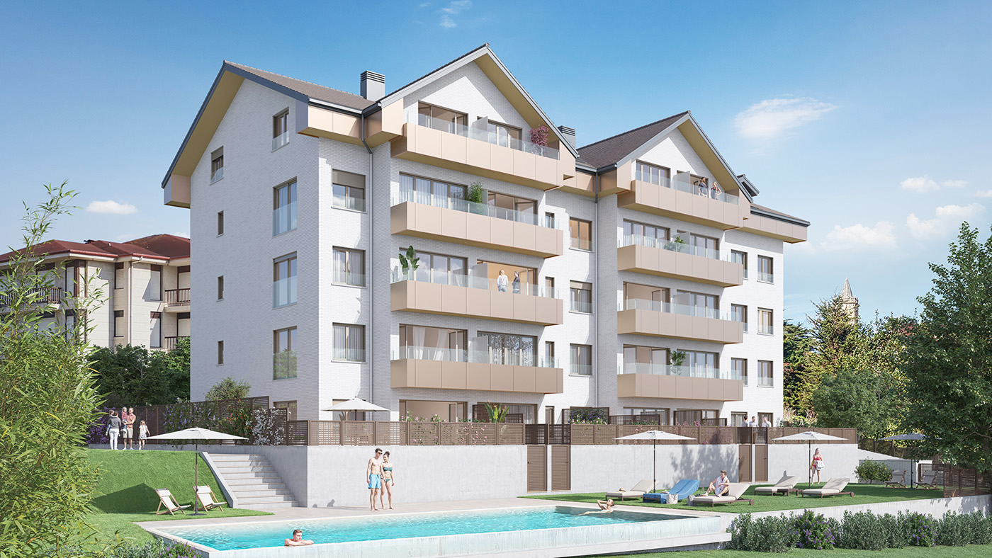Render de la fachada del residencial Trengandín con balcones, cubierta de pizarra y piscina en primer plano