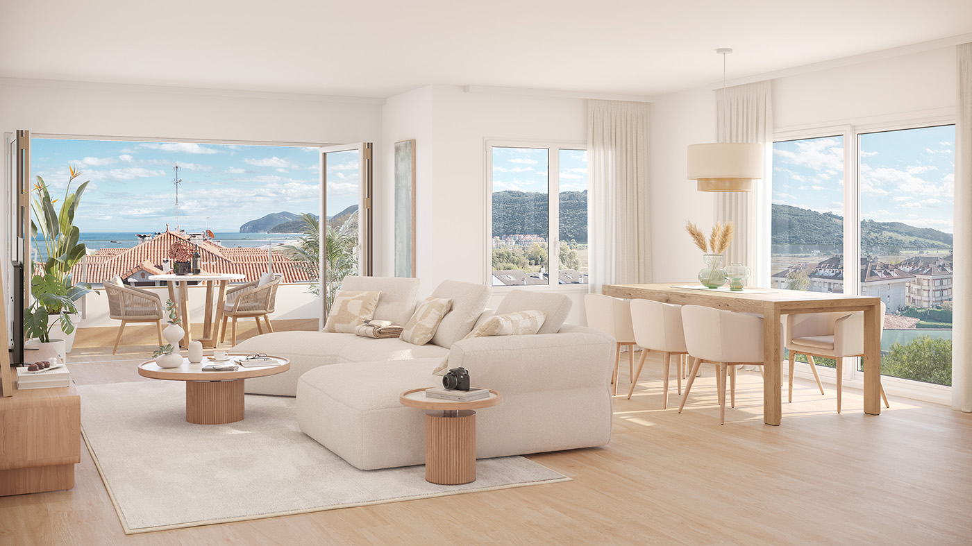 Render del salón comedor con sofá blanco y ventanales con vistas a los tejados de Noja y al mar