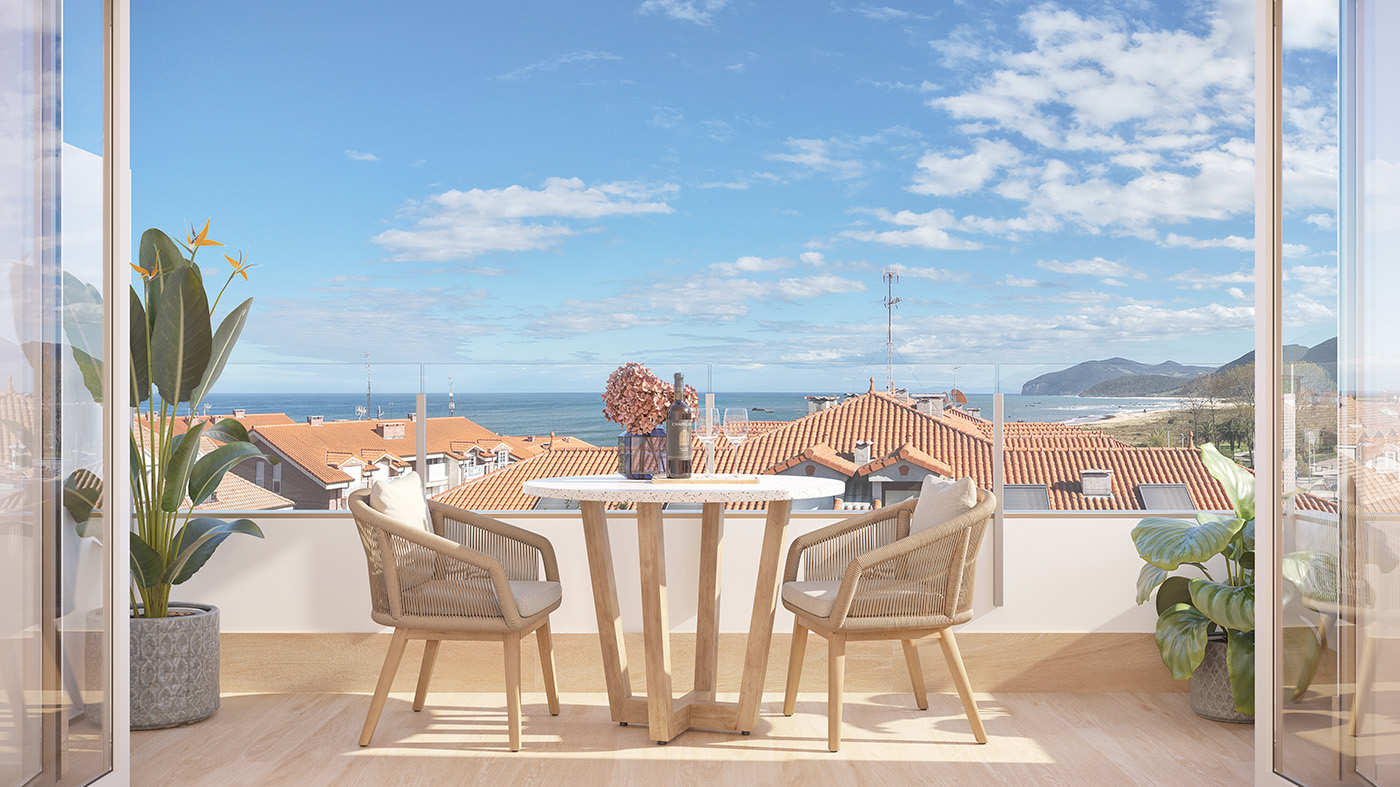 Infografía de la terraza con mesa de madera y vistas panorámicas a la playa de Trengandín y el Cantábrico