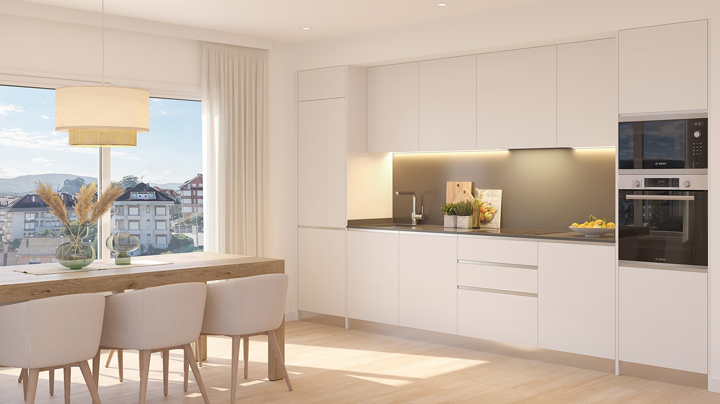 Render de la cocina blanca en línea con encimera de piedra y ventanal con vistas a Noja