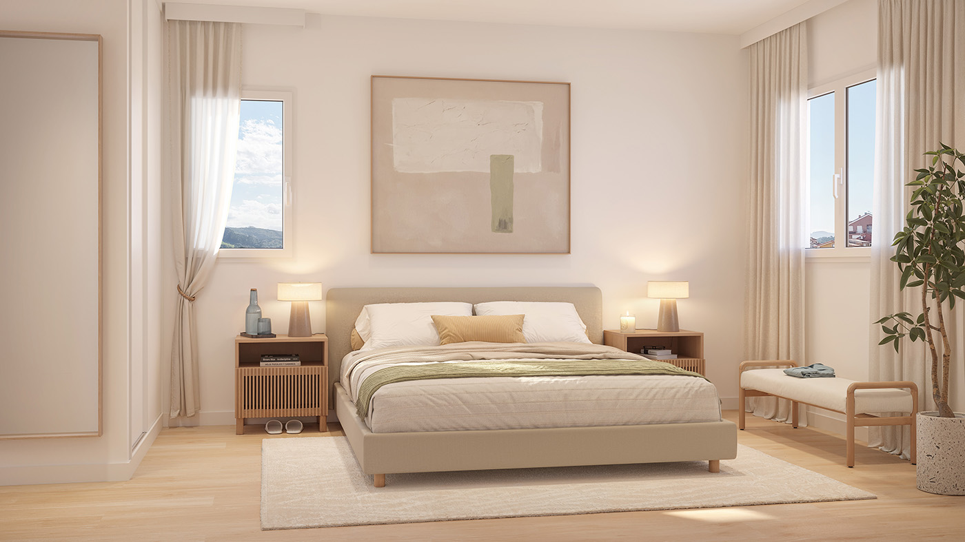 Infografía del dormitorio principal con cabecero tapizado, mesitas de madera y ventanas al valle