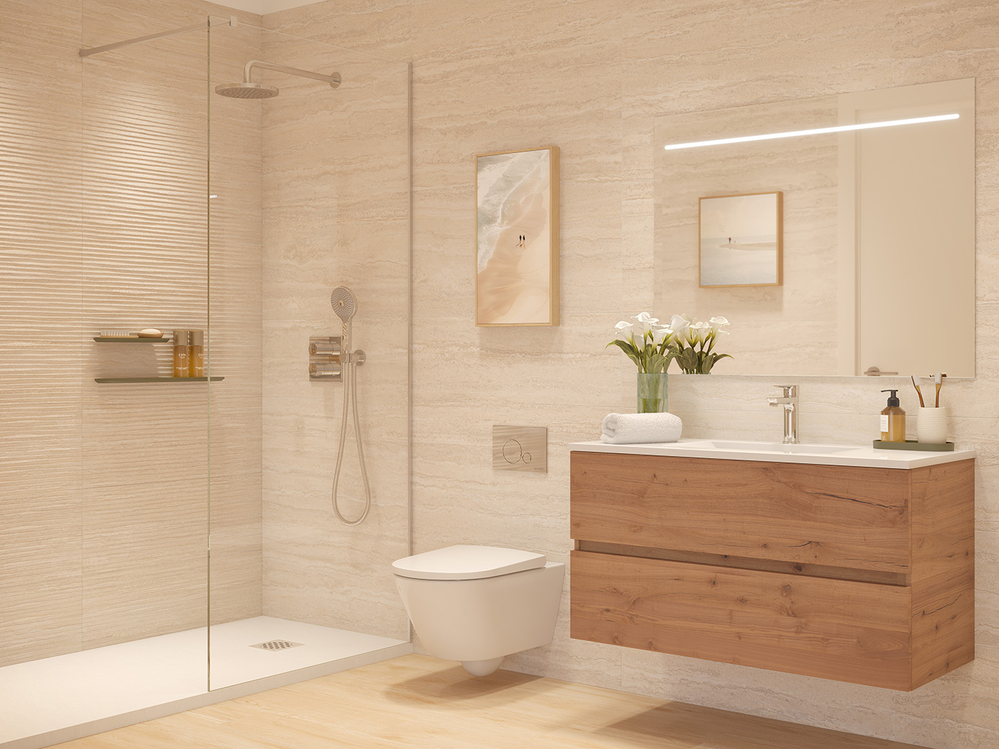 Render del baño en tonos travertino con ducha de obra, inodoro suspendido y mueble de madera de nogal