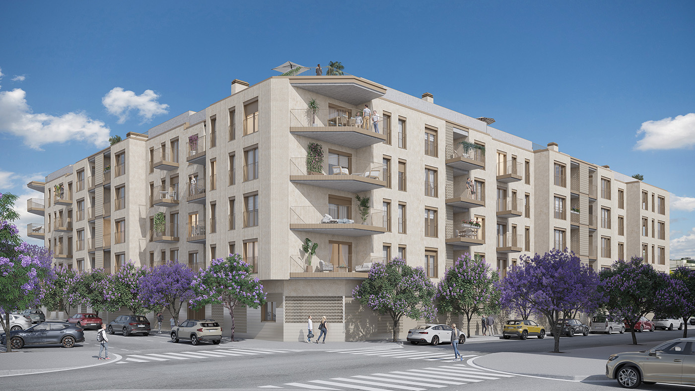 Render de la fachada en esquina del residencial La Femu 2 en Palma de Mallorca con balcones de piedra y jacarandás en flor