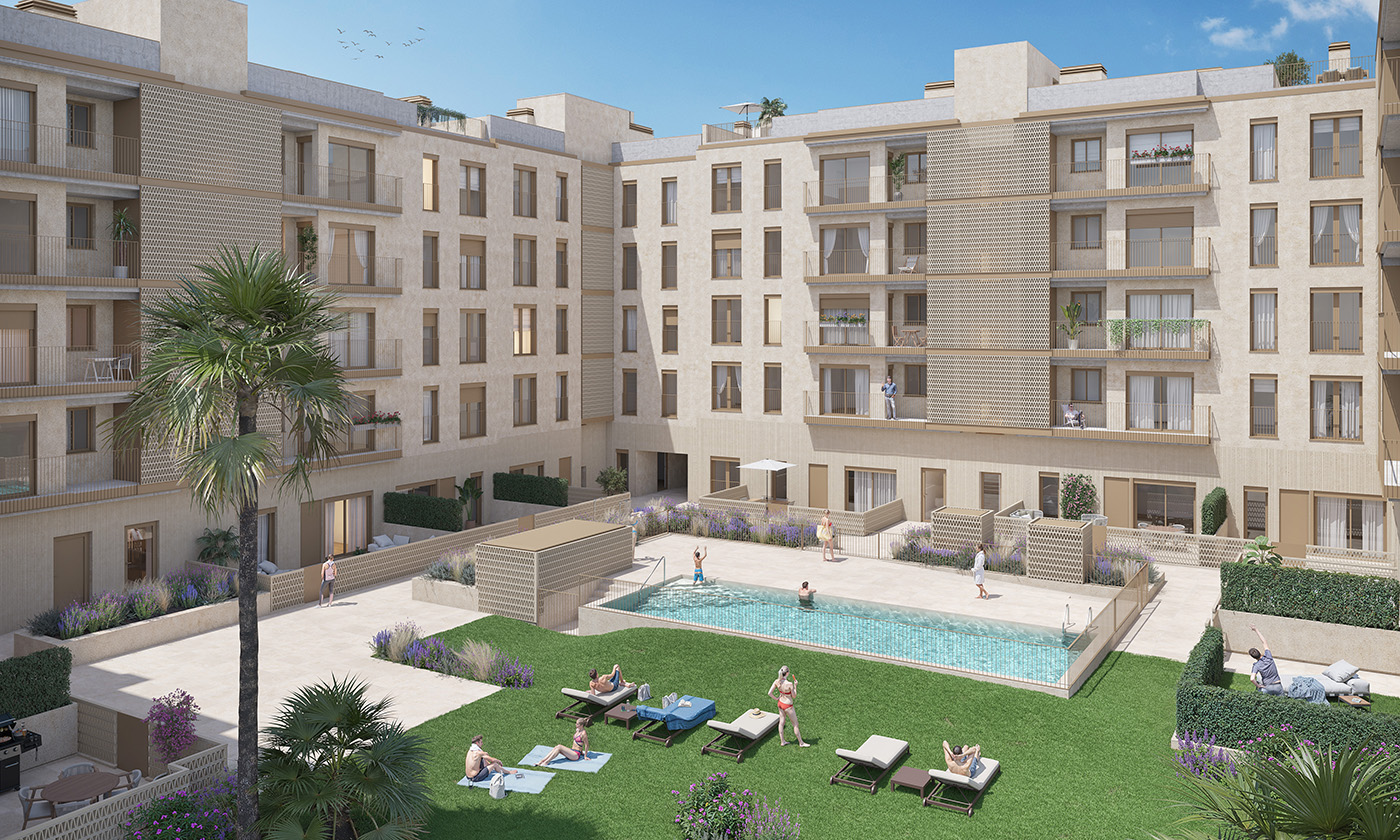 Infografía del patio interior de La Femu 2 con piscina comunitaria, césped, palmeras y zona de tumbonas