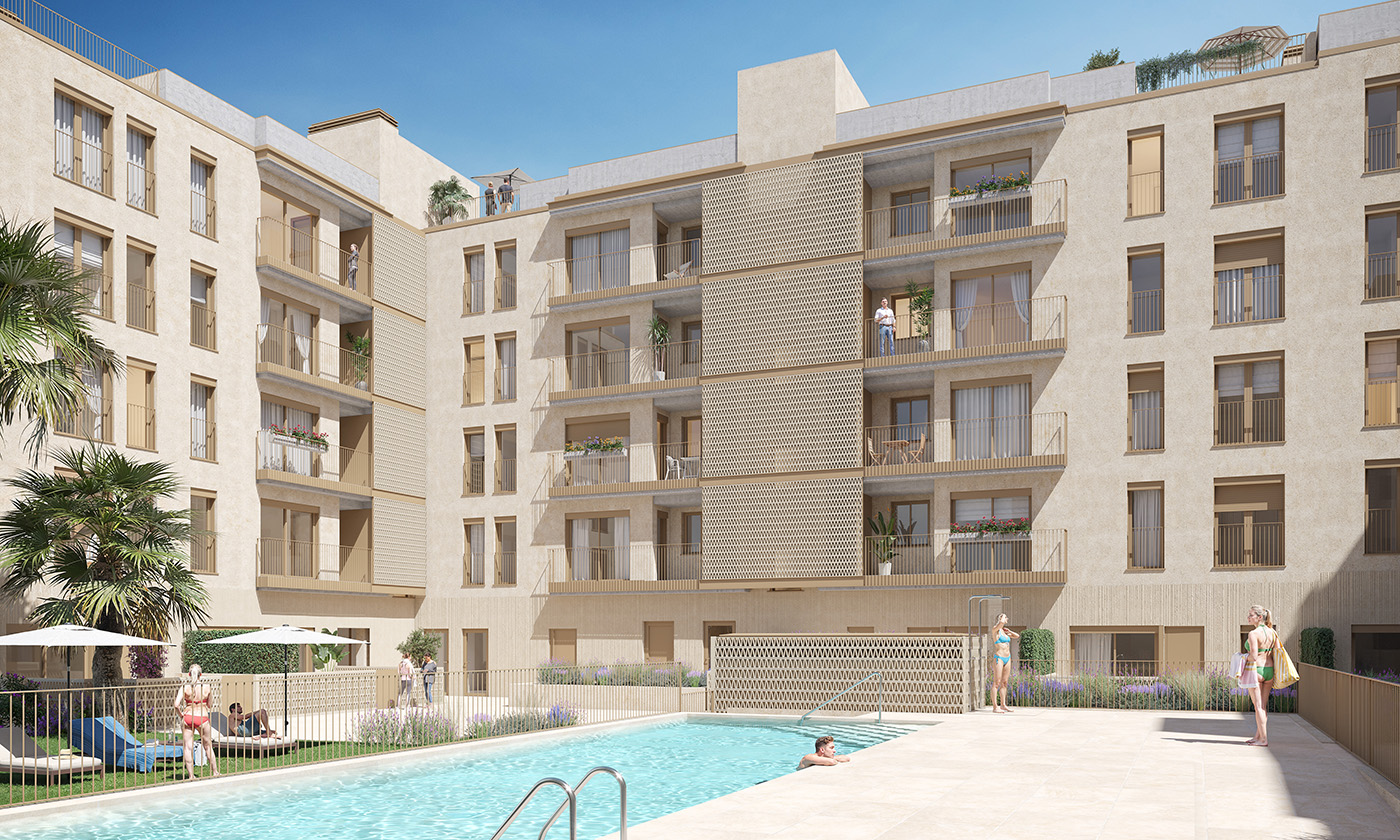 Render de la piscina comunitaria de La Femu 2 con celosías de barro cocido en la fachada y palmeras