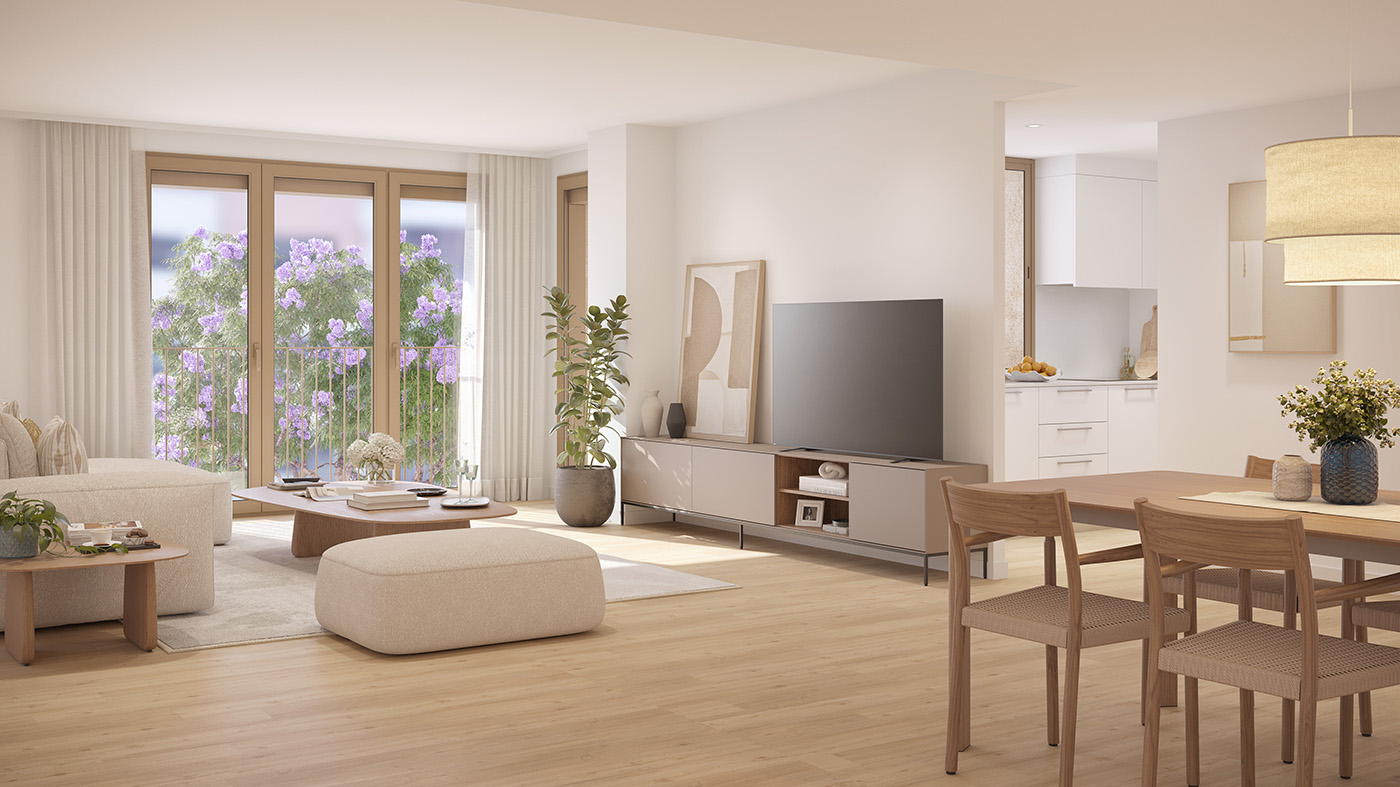 Render del salón comedor con cocina abierta al fondo y balconera con vistas a los jacarandás