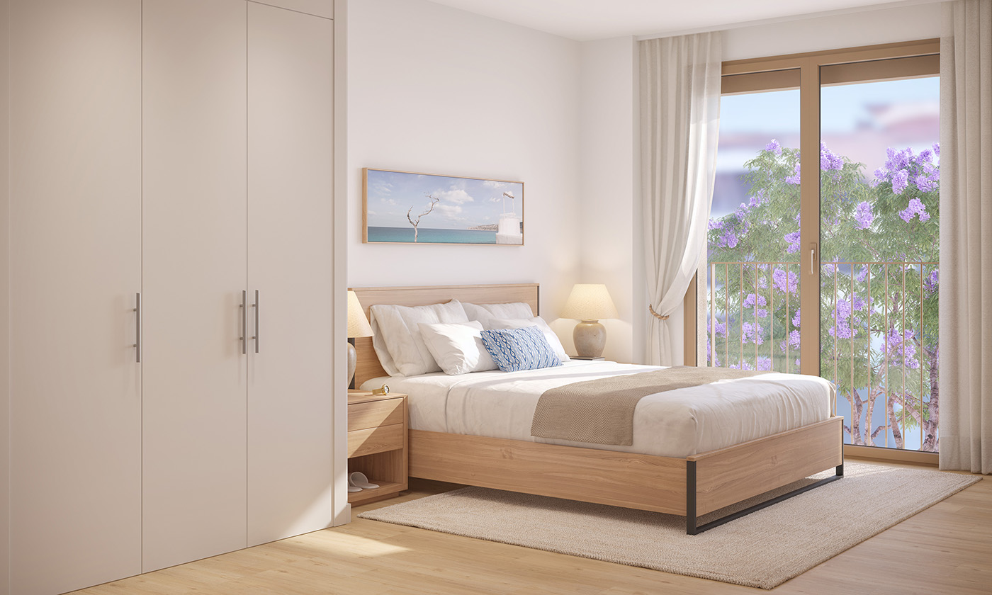 Infografía del dormitorio principal con armario empotrado y balconera a un jacarandá en flor