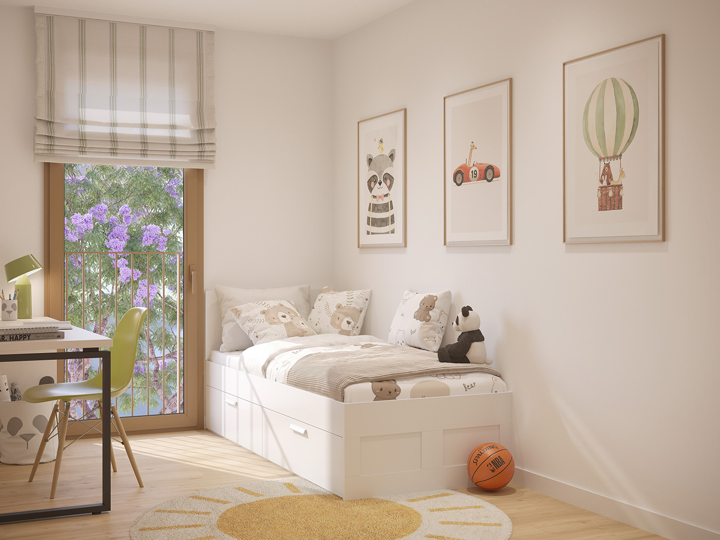 Render del dormitorio infantil con cama nido, escritorio junto a la ventana y láminas decorativas