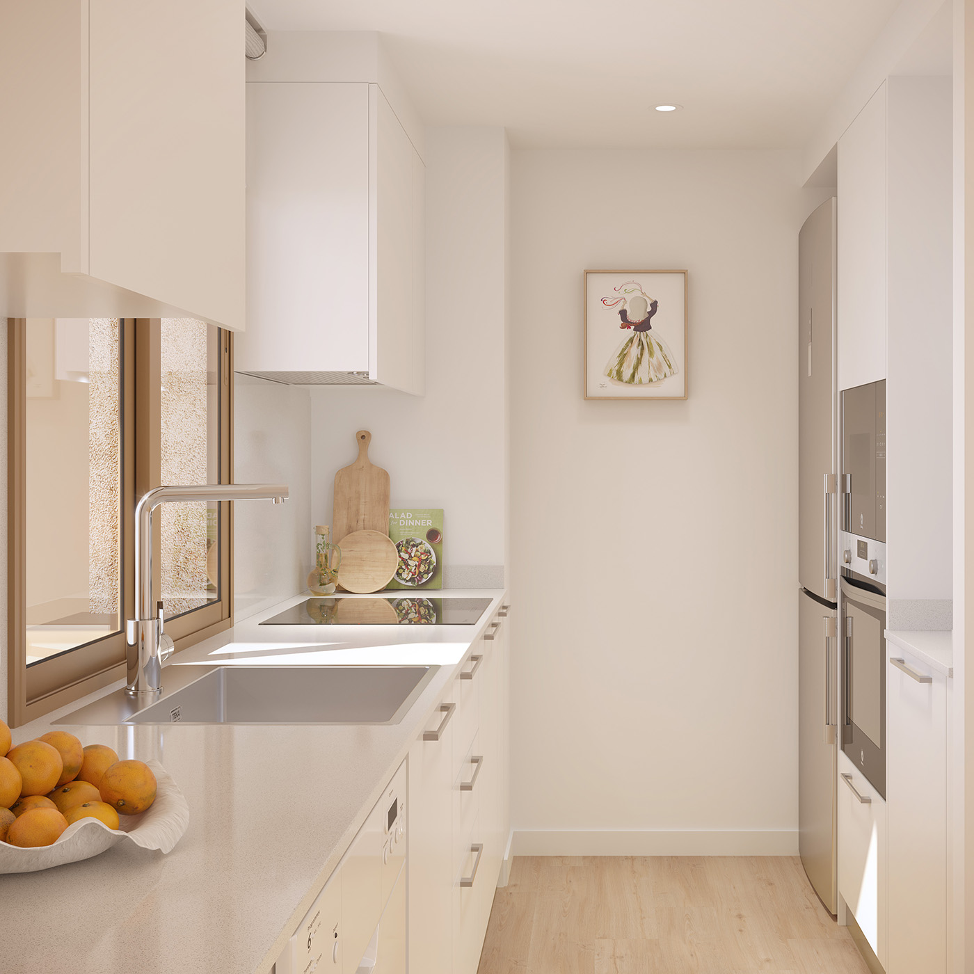 Infografía de la cocina blanca en línea con placa de inducción, encimera de piedra y ventana