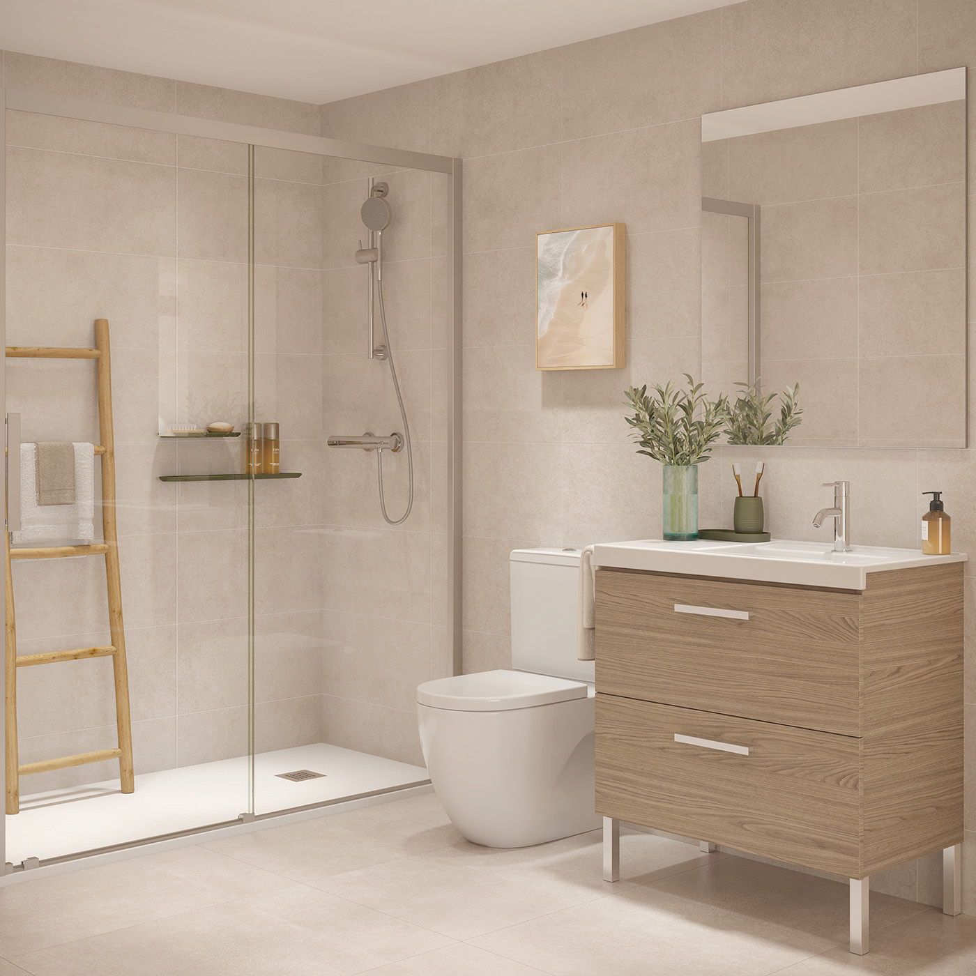 Render del baño en tonos beige con ducha de obra acristalada, inodoro y mueble de madera clara