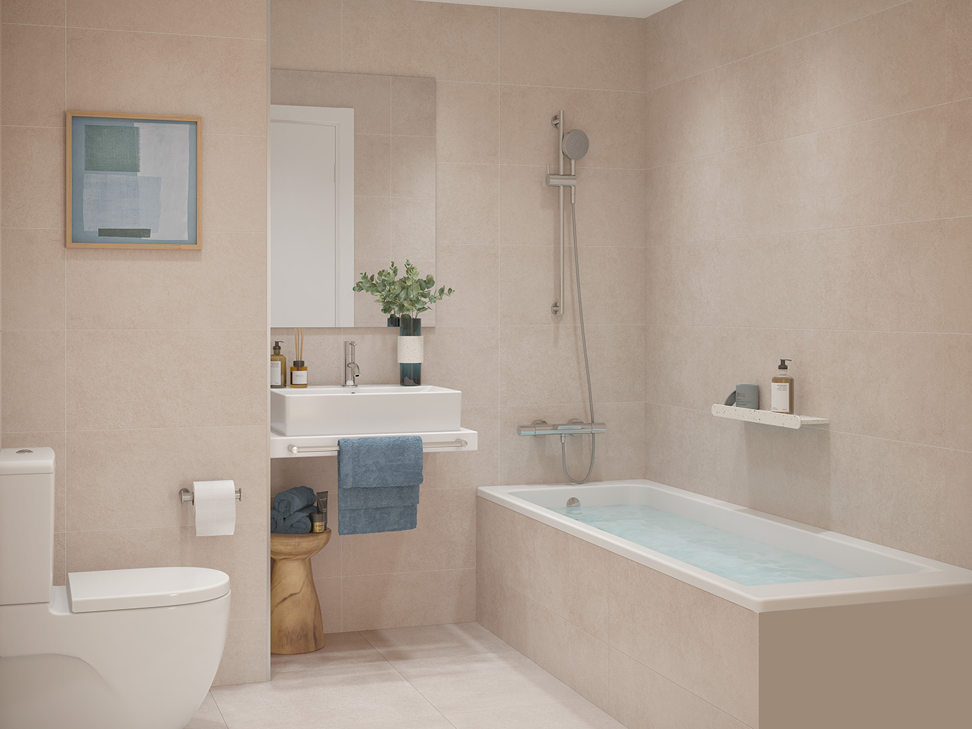Infografía del baño con bañera, ducha, lavabo sobre encimera y taburete de madera