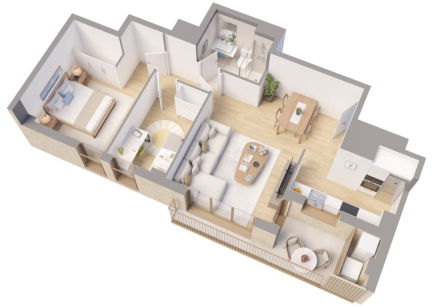 Planta 3D en perspectiva de una vivienda de La Femu 2 con dormitorio, salón-cocina, baño y terraza