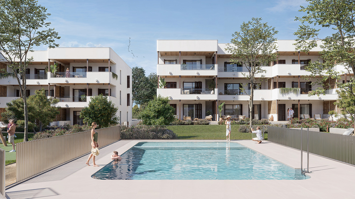 Render de la piscina comunitaria de Can Sansó en Ibiza entre dos edificios blancos con bañistas y arbolado