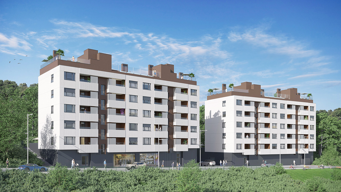 Render de las dos torres de viviendas de Vía Lezama en Bilbao con fachada blanca, balcones y áticos con terraza ajardinada